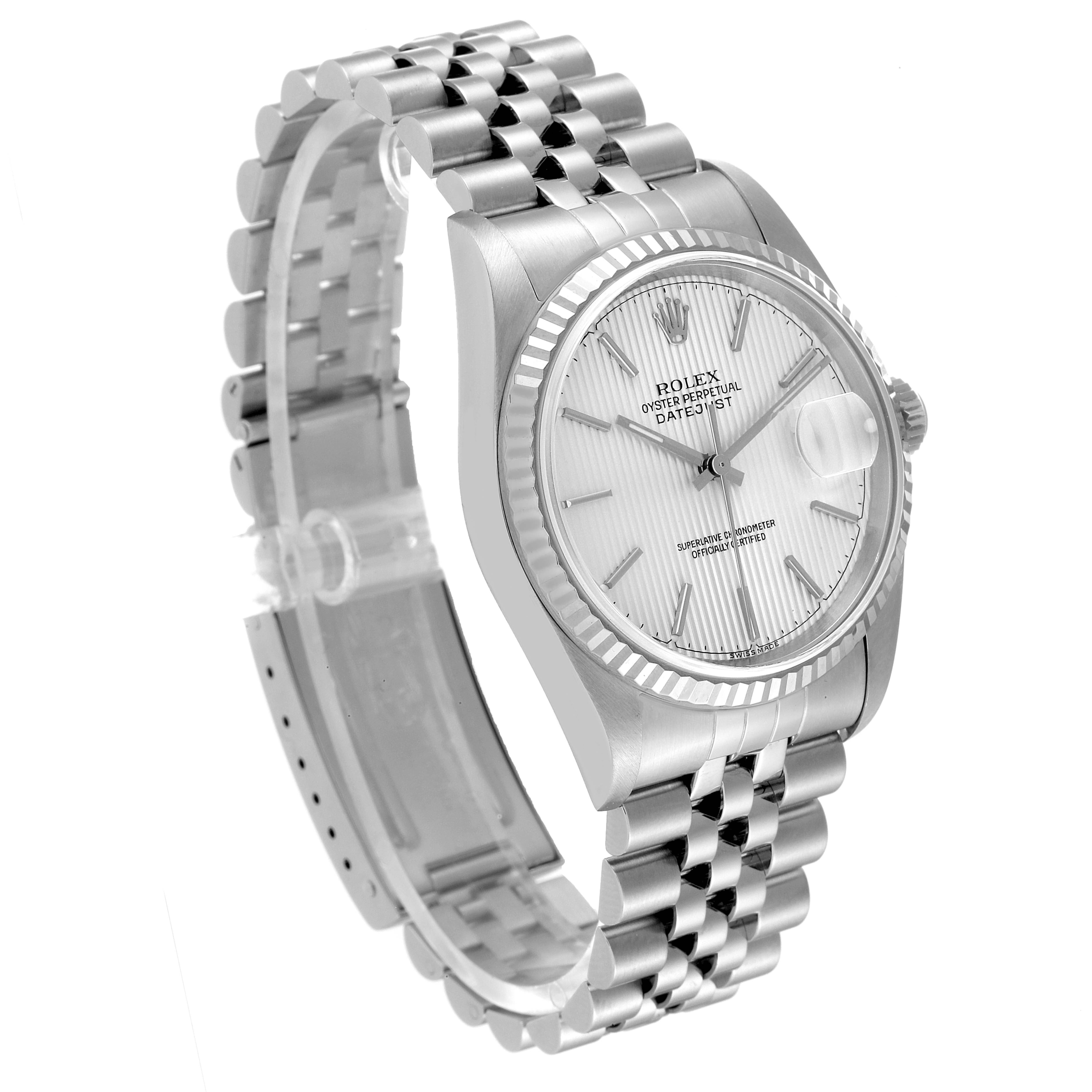 The Rolex Datejust 16234 Men's Stainless Steel Silver Dial 16234 Men's Stainless Steel Silver Dial watch is shown from a three-quarter angle, highlighting the face, bezel, and metal band.