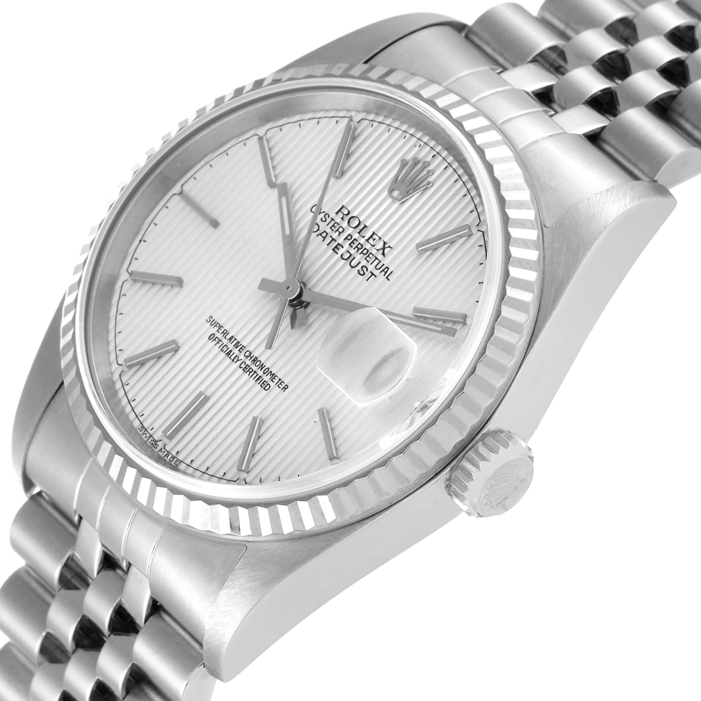 The image shows a close-up angle of the Rolex Datejust 16234 Men's Stainless Steel Silver Dial 16234 Men's Stainless Steel Silver Dial watch, highlighting the dial, bezel, crown, and part of the bracelet.