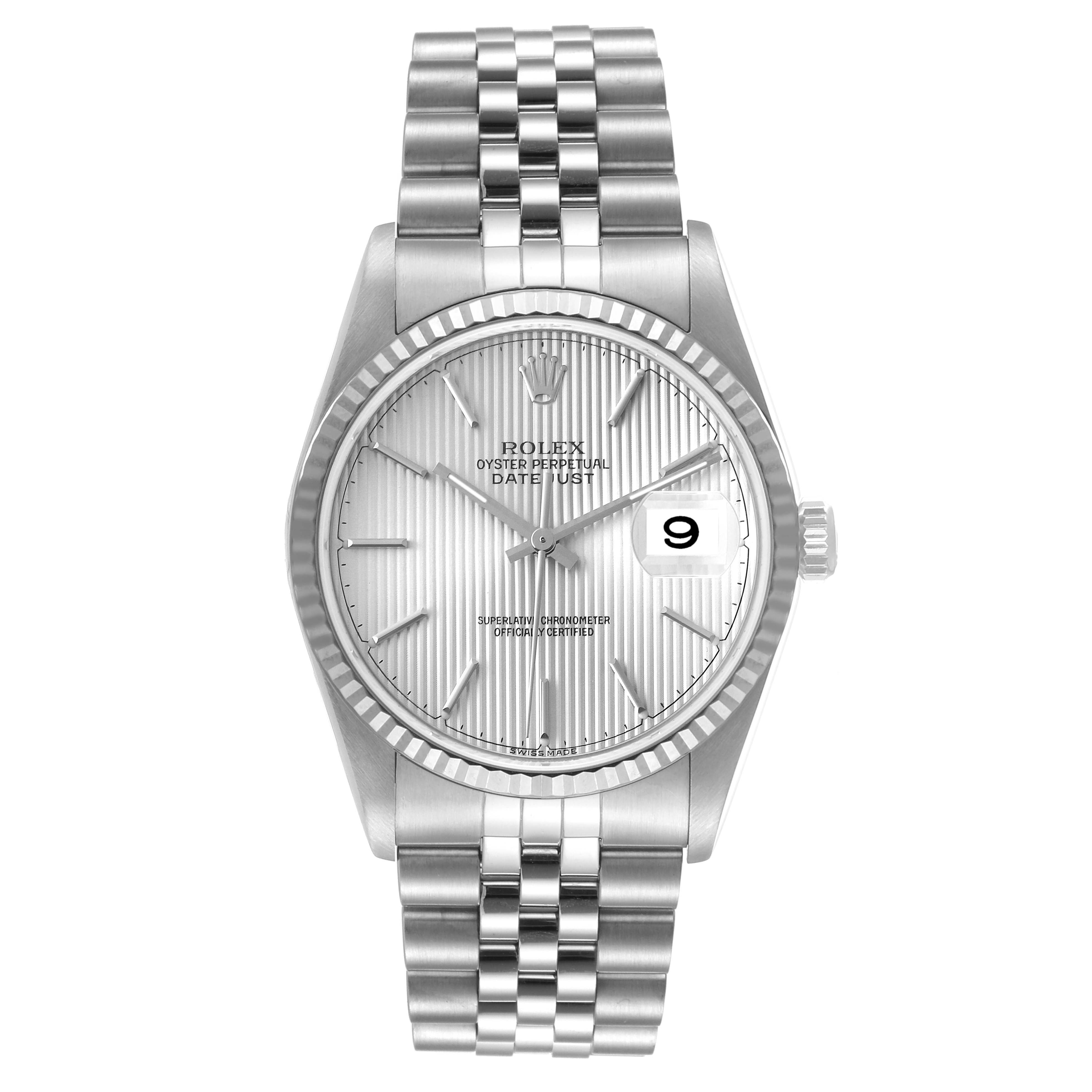 The image shows a Rolex Datejust 16234 Men's Stainless Steel Silver Dial 16234 Men's Stainless Steel Silver Dial watch, viewed from the front, highlighting its silver dial, fluted bezel, and Jubilee bracelet.