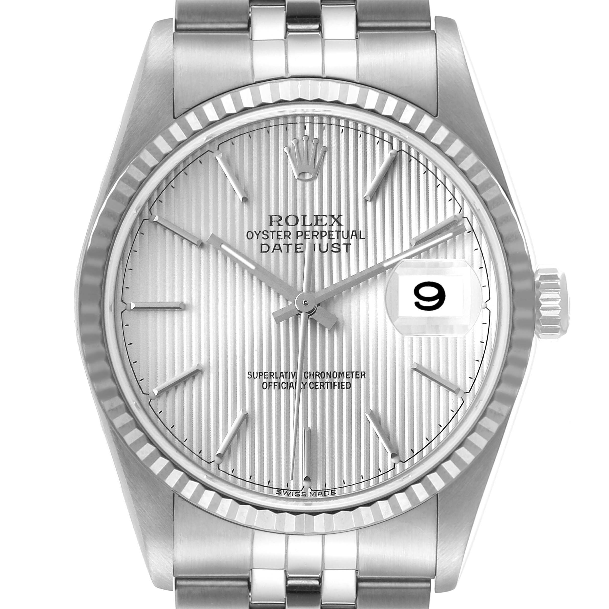 This image shows a front view of a Rolex Datejust 16234 Men's Stainless Steel Silver Dial 16234 Men's Stainless Steel Silver Dial watch, displaying its dial, bezel, lugs, and part of the bracelet.