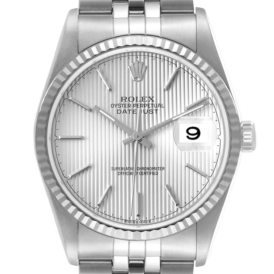 Rolex Datejust 36 Steel White Gold Silver Tapestry Dial Mens Watch 16234 SwissWatchExpo