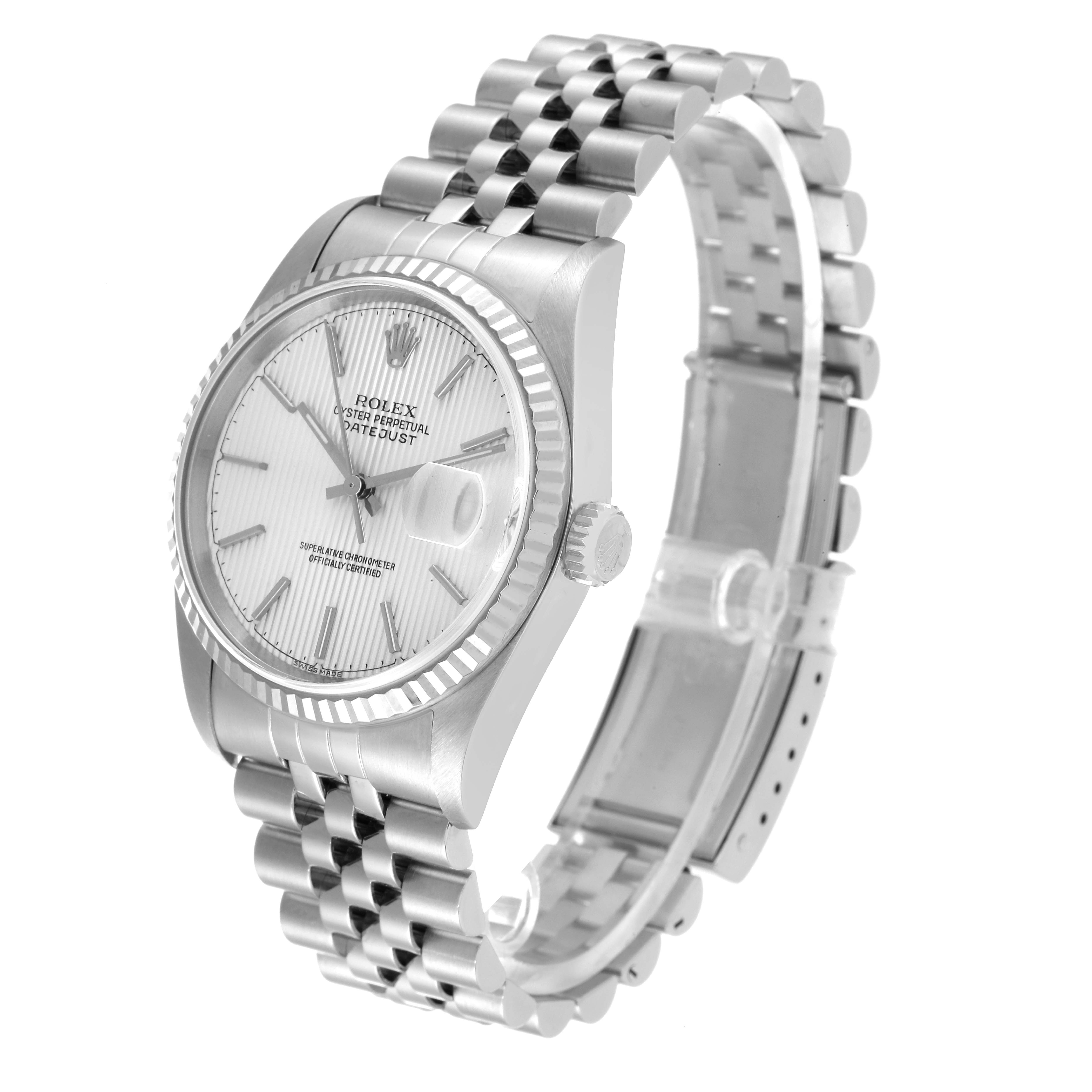 The image shows a side angle of a Rolex Datejust 16234 Men's Stainless Steel Silver Dial 16234 Men's Stainless Steel Silver Dial watch, highlighting the face, bezel, crown, and bracelet.