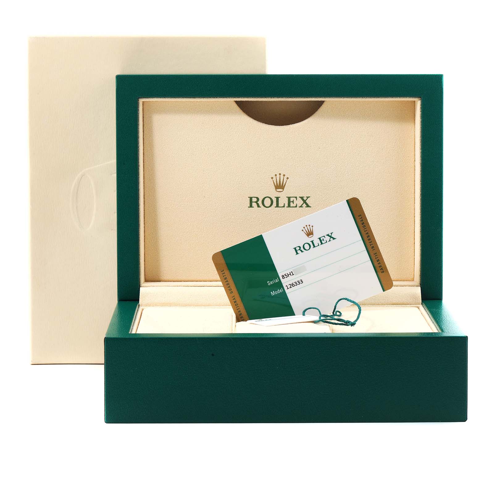 The image shows the packaging and authenticity card of a Rolex Datejust 41 126333 Men's Steel and Gold (two tone) White Dial 126333 Men's Steel and Gold (two tone) White Dial watch.