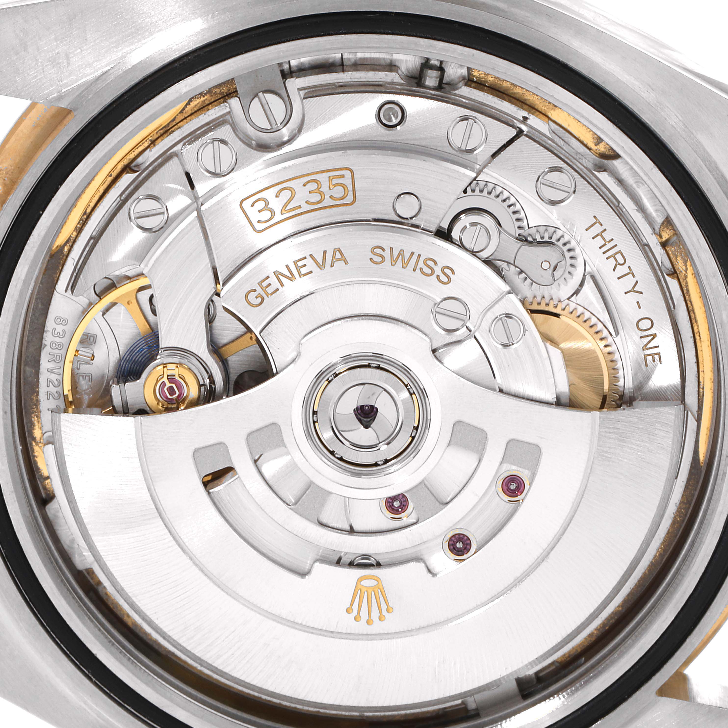 This image shows a close-up of the internal mechanism of the Rolex Datejust 41 126333 Men's Steel and Gold (two tone) White Dial 126333 Men's Steel and Gold (two tone) White Dial's 3235 movement.