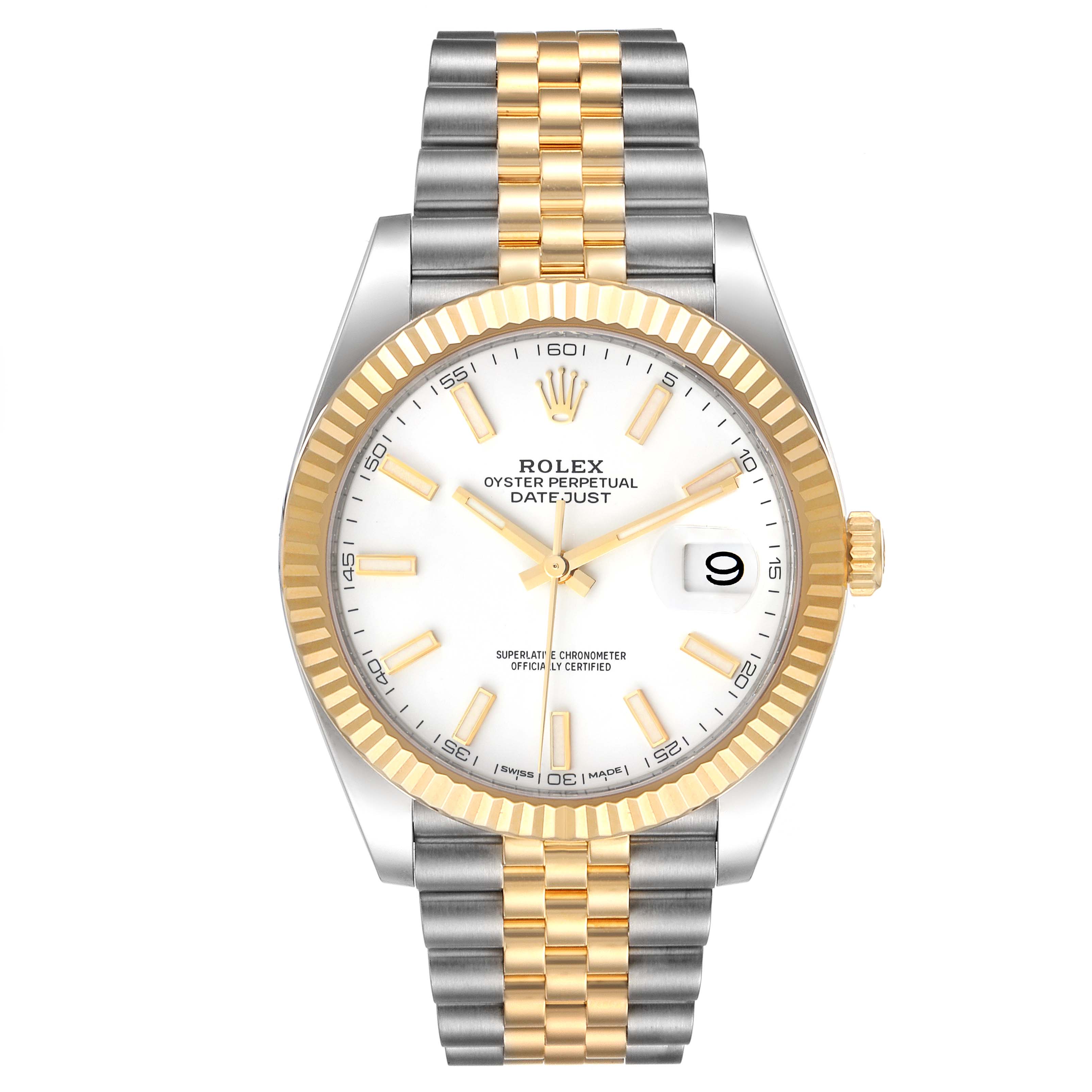 This image shows a frontal view of the Rolex Datejust 41 126333 Men's Steel and Gold (two tone) White Dial 126333 Men's Steel and Gold (two tone) White Dial watch, displaying the dial, bezel, and bracelet clearly.