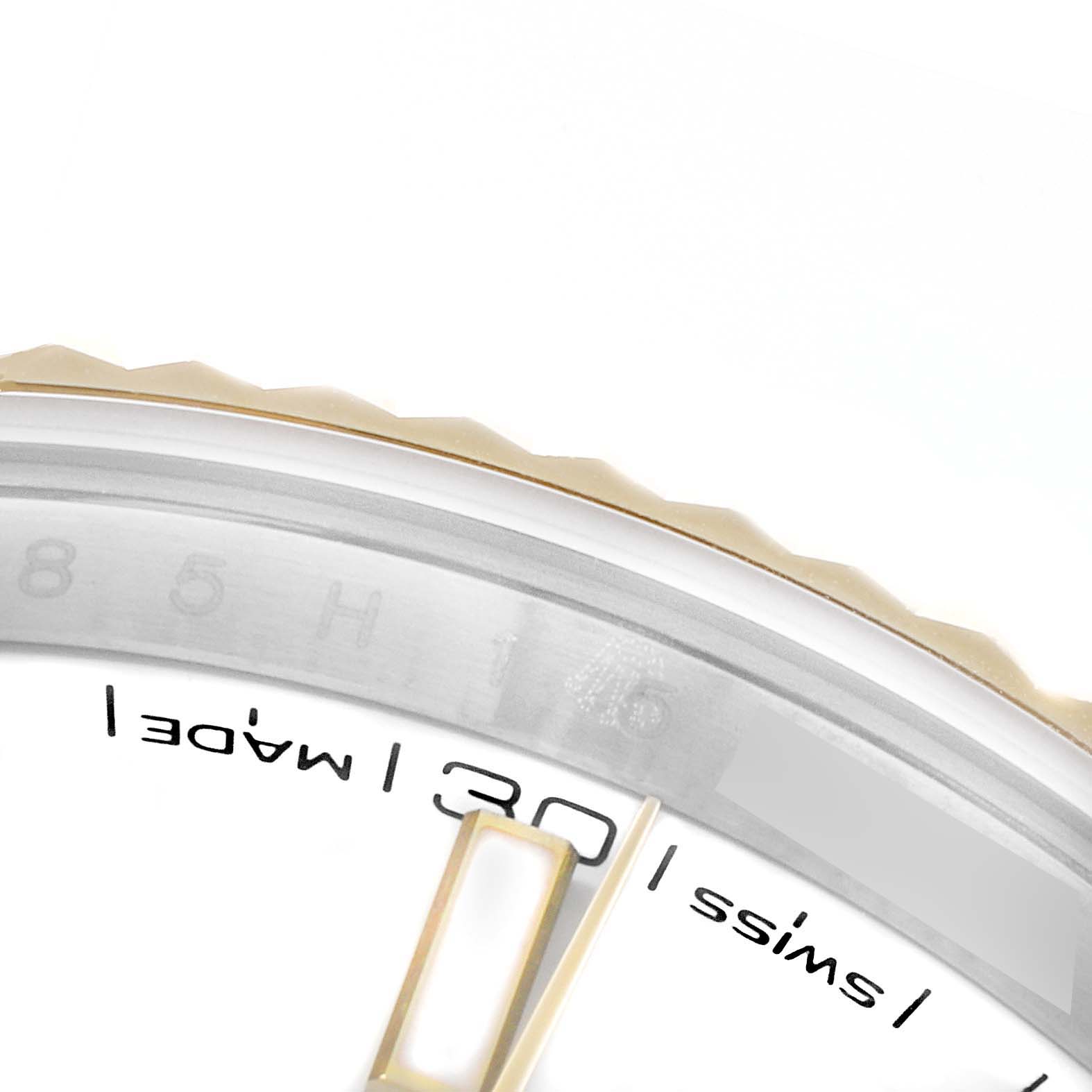 The image shows a close-up of the dial and fluted bezel of a Rolex Datejust 41 126333 Men's Steel and Gold (two tone) White Dial 126333 Men's Steel and Gold (two tone) White Dial watch, focusing on the minute and second markers.