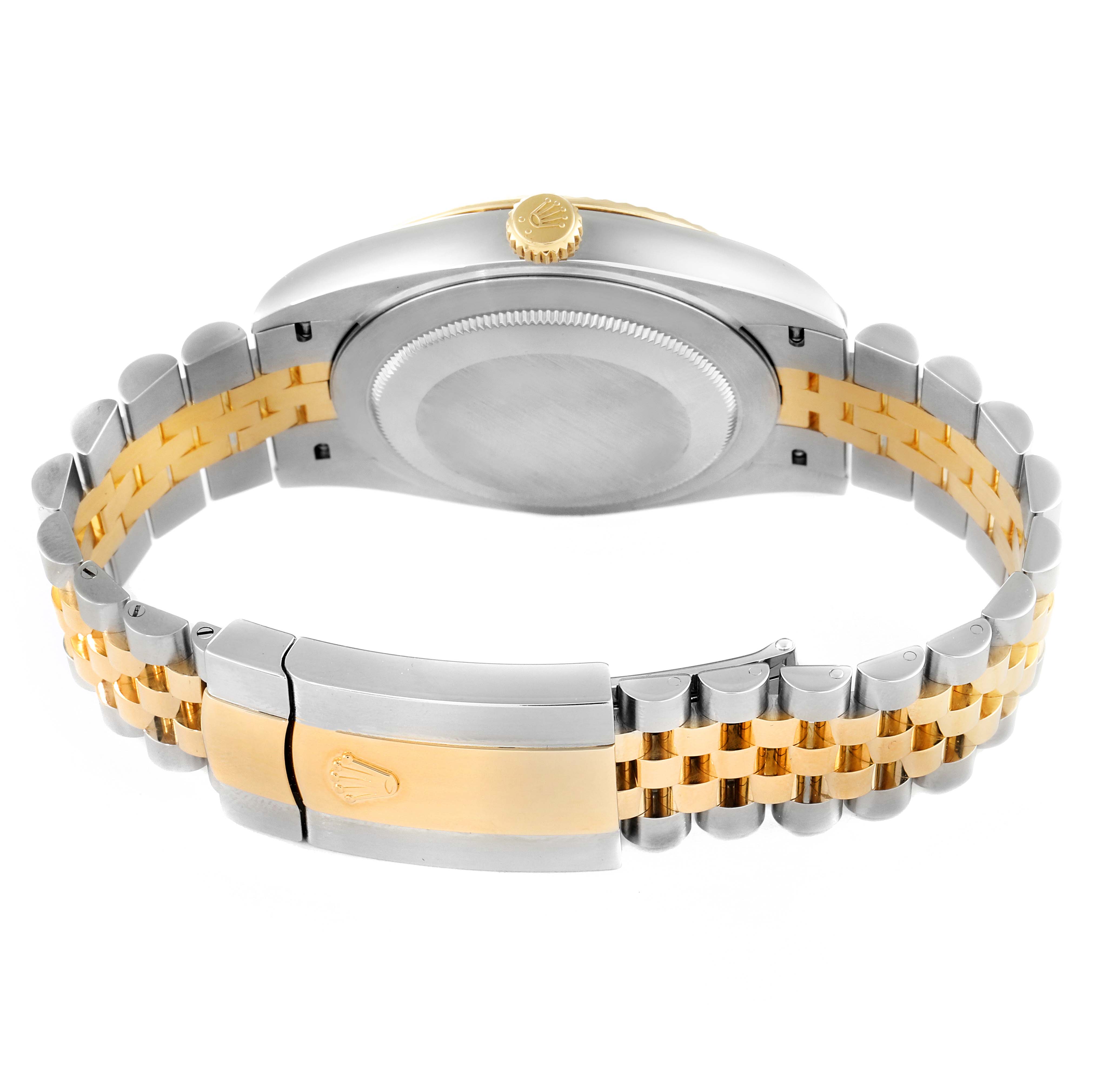 The image shows the backside of the Rolex Datejust 41 126333 Men's Steel and Gold (two tone) White Dial 126333 Men's Steel and Gold (two tone) White Dial watch, highlighting the case back, crown, and bicolor bracelet with clasp.