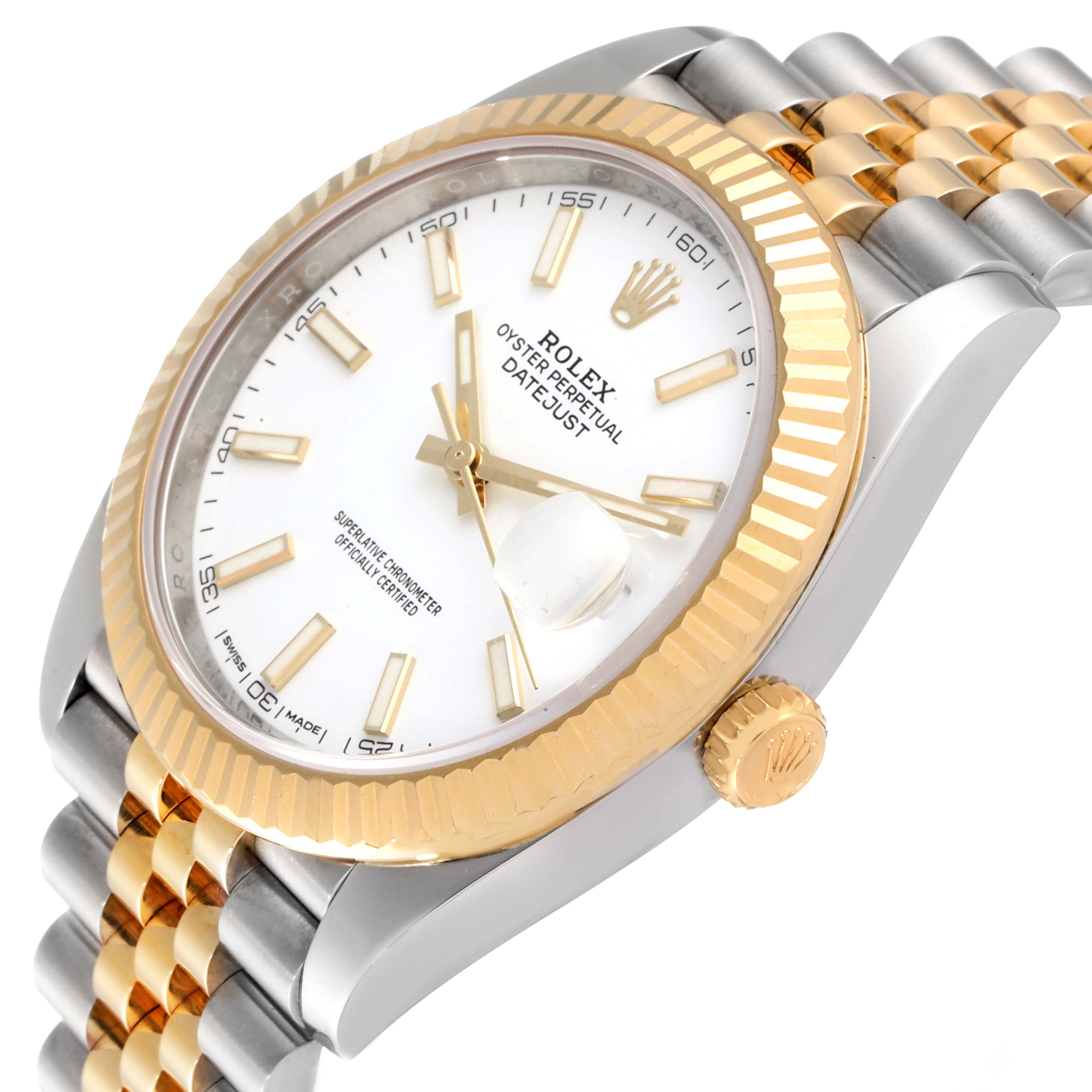 The image shows a close-up angle of the Rolex Datejust 41 126333 Men's Steel and Gold (two tone) White Dial 126333 Men's Steel and Gold (two tone) White Dial watch, highlighting the gold bezel, crown, and bracelet.