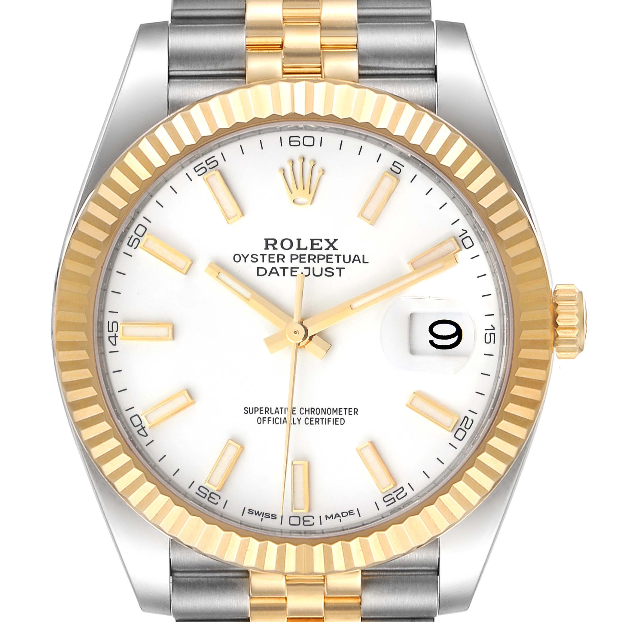 This is a front view of a Rolex Datejust 41 126333 Men's Steel and Gold (two tone) White Dial 126333 Men's Steel and Gold (two tone) White Dial watch, showing the dial, bezel, crown, and part of the bracelet.