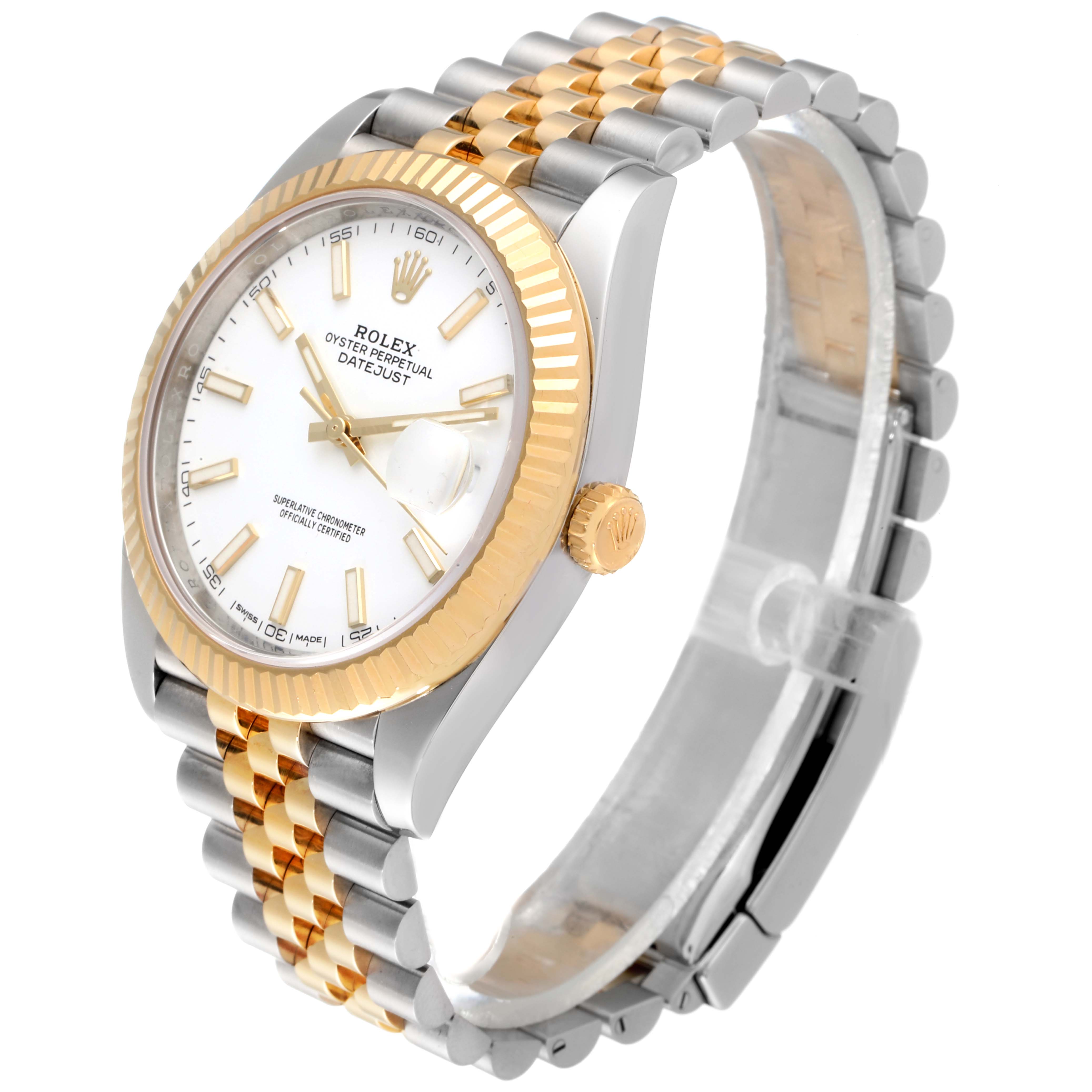 The image shows a Rolex Datejust 41 126333 Men's Steel and Gold (two tone) White Dial 126333 Men's Steel and Gold (two tone) White Dial watch at a 3/4 angle, highlighting the face, bezel, crown, and two-tone bracelet.