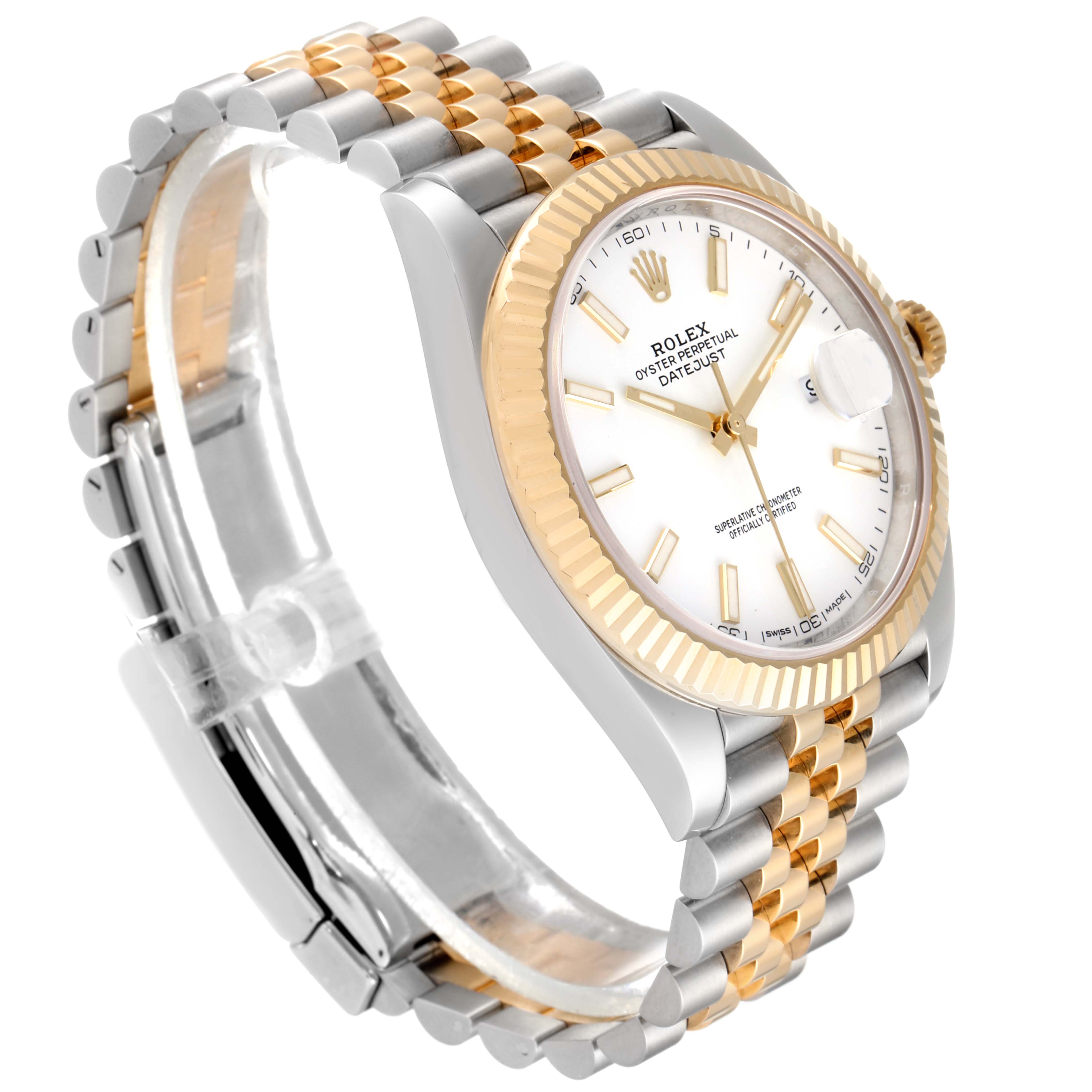 The image shows a Rolex Datejust 41 126333 Men's Steel and Gold (two tone) White Dial 126333 Men's Steel and Gold (two tone) White Dial watch at an angle displaying the dial, bezel, and Jubilee bracelet.