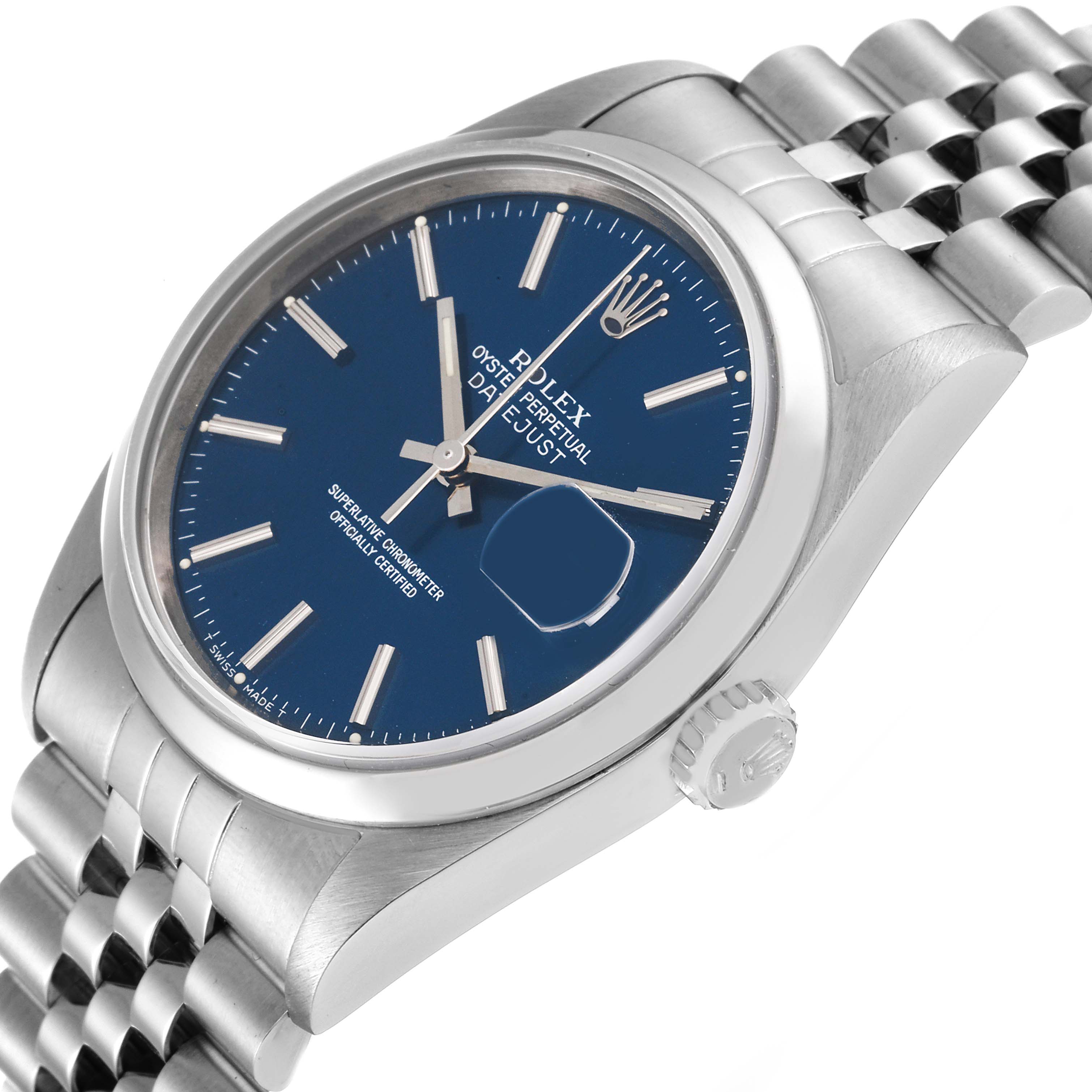 This image shows a Rolex Datejust 16200 Men's Stainless Steel Blue Dial 16200 Men's Stainless Steel Blue Dial watch at a slight angle highlighting the dial, case, crown, and part of the bracelet.