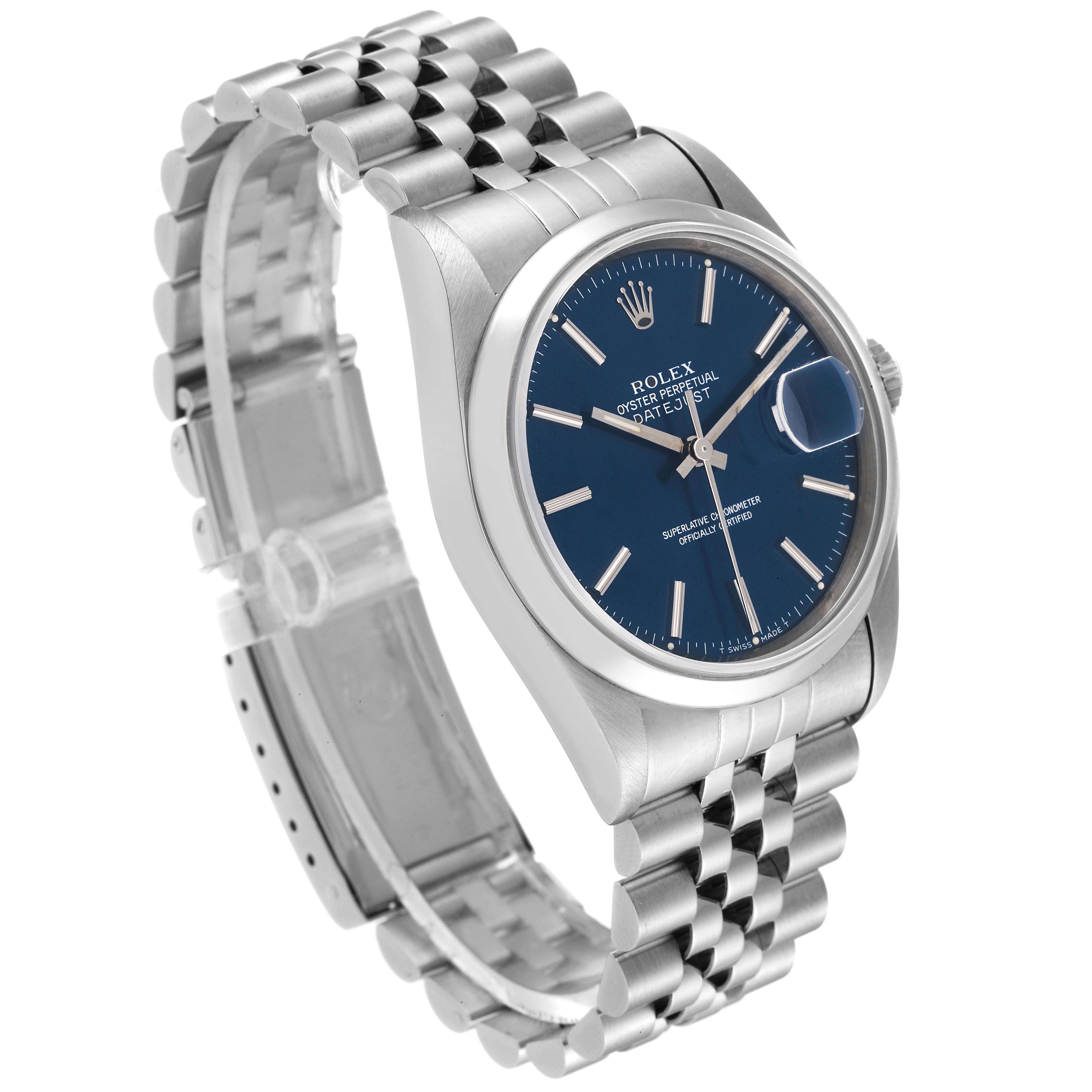 The image shows a Rolex Datejust 16200 Men's Stainless Steel Blue Dial 16200 Men's Stainless Steel Blue Dial watch at a 45-degree angle, highlighting its blue dial, bezel, and Jubilee bracelet.