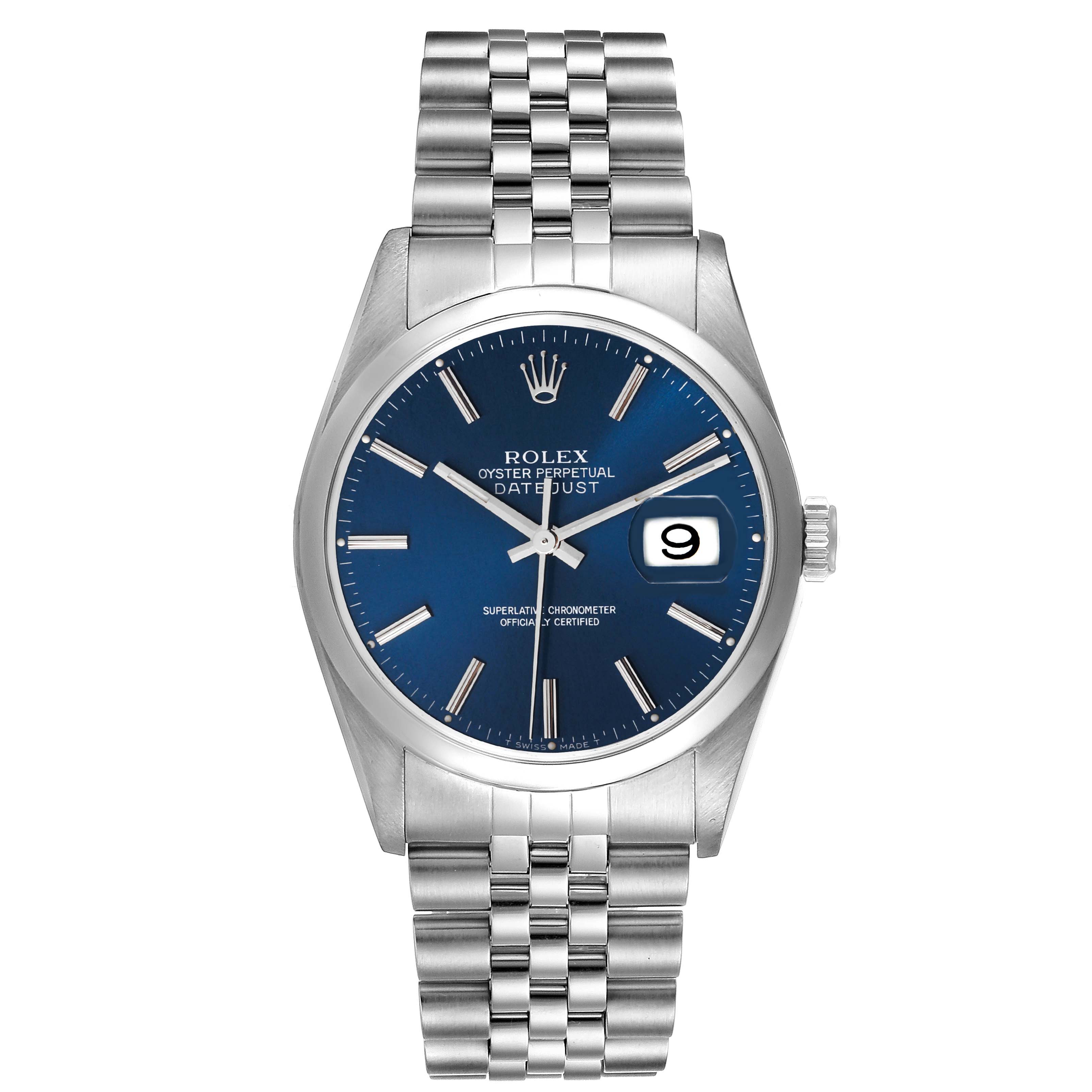 This image displays a Rolex Datejust 16200 Men's Stainless Steel Blue Dial 16200 Men's Stainless Steel Blue Dial watch from a front angle, highlighting the face, crown, and full bracelet.