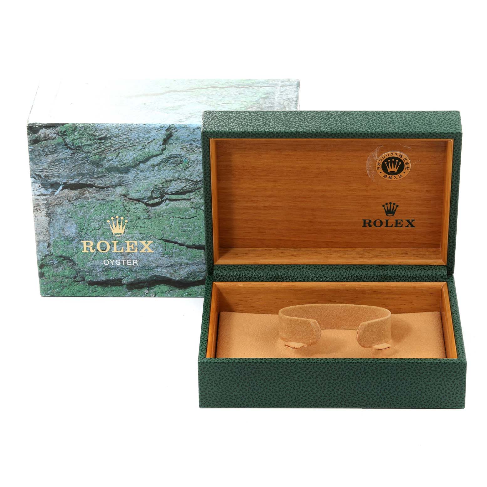 The image shows an open Rolex Datejust 16200 Men's Stainless Steel Blue Dial 16200 Men's Stainless Steel Blue Dial watch box with an outer green decorative case.