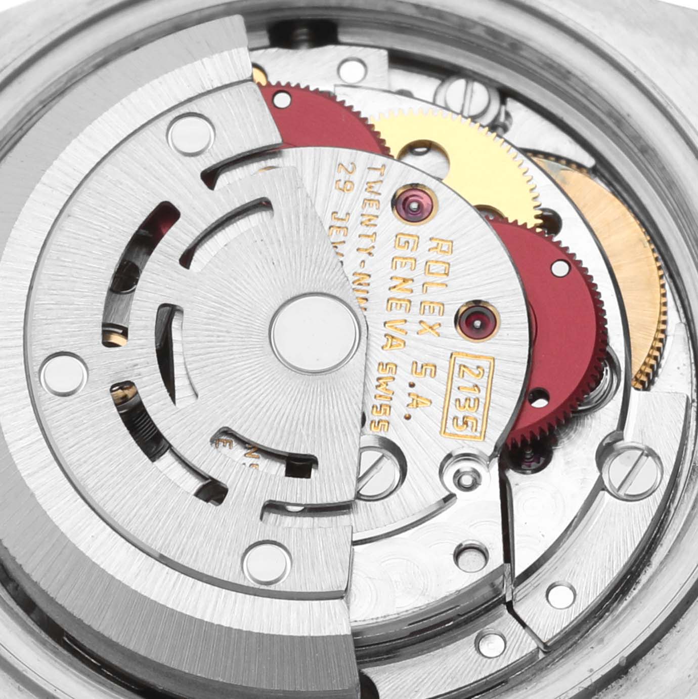 This image shows the movement mechanism of a Rolex Datejust 69173 Women's Steel and Gold (two tone) Blue Dial 69173 Women's Steel and Gold (two tone) Blue Dial watch at a close-up angle, highlighting the intricate components and engravings.