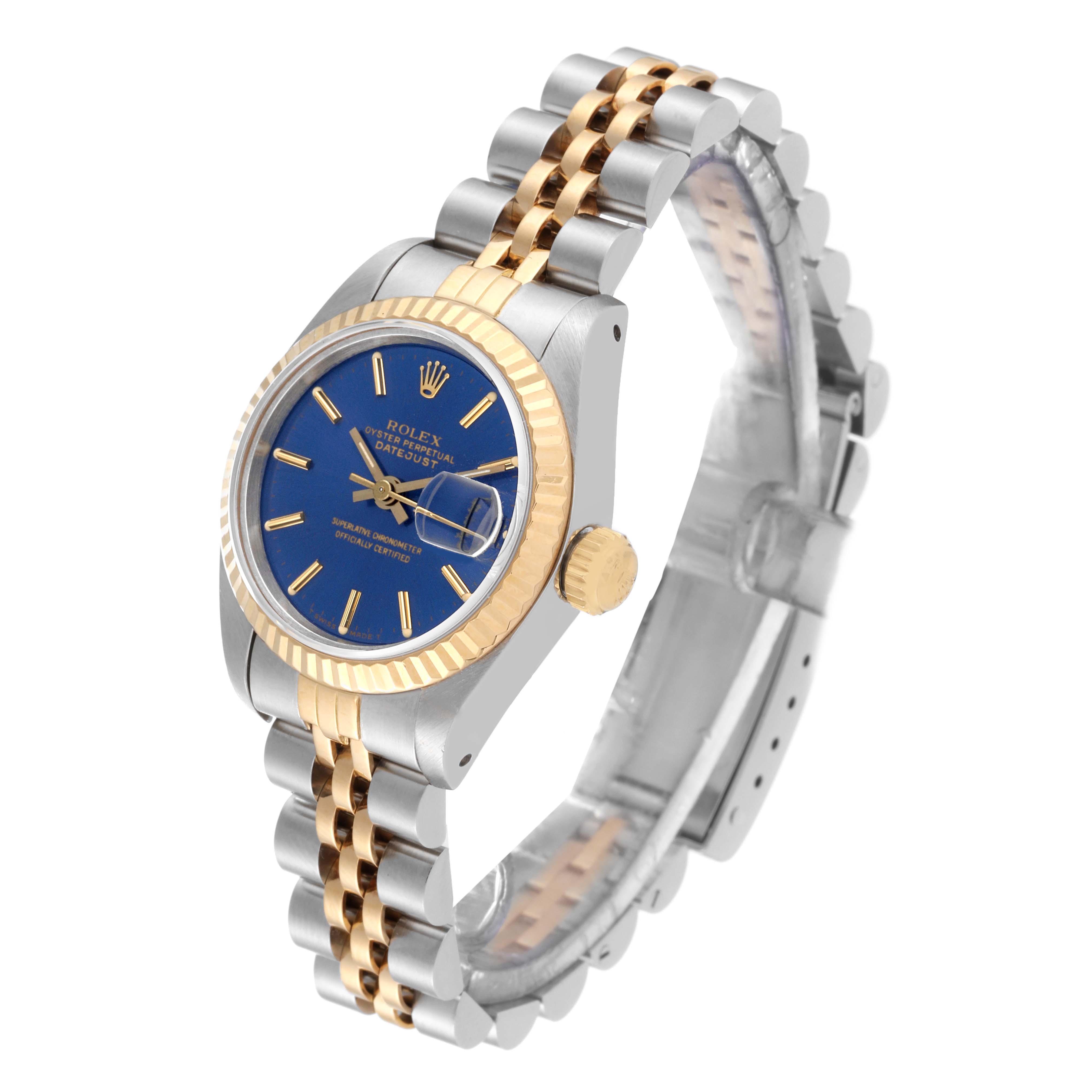 This image shows a Rolex Datejust 69173 Women's Steel and Gold (two tone) Blue Dial 69173 Women's Steel and Gold (two tone) Blue Dial watch at an angle, clearly displaying the face, bezel, crown, and the two-tone bracelet.