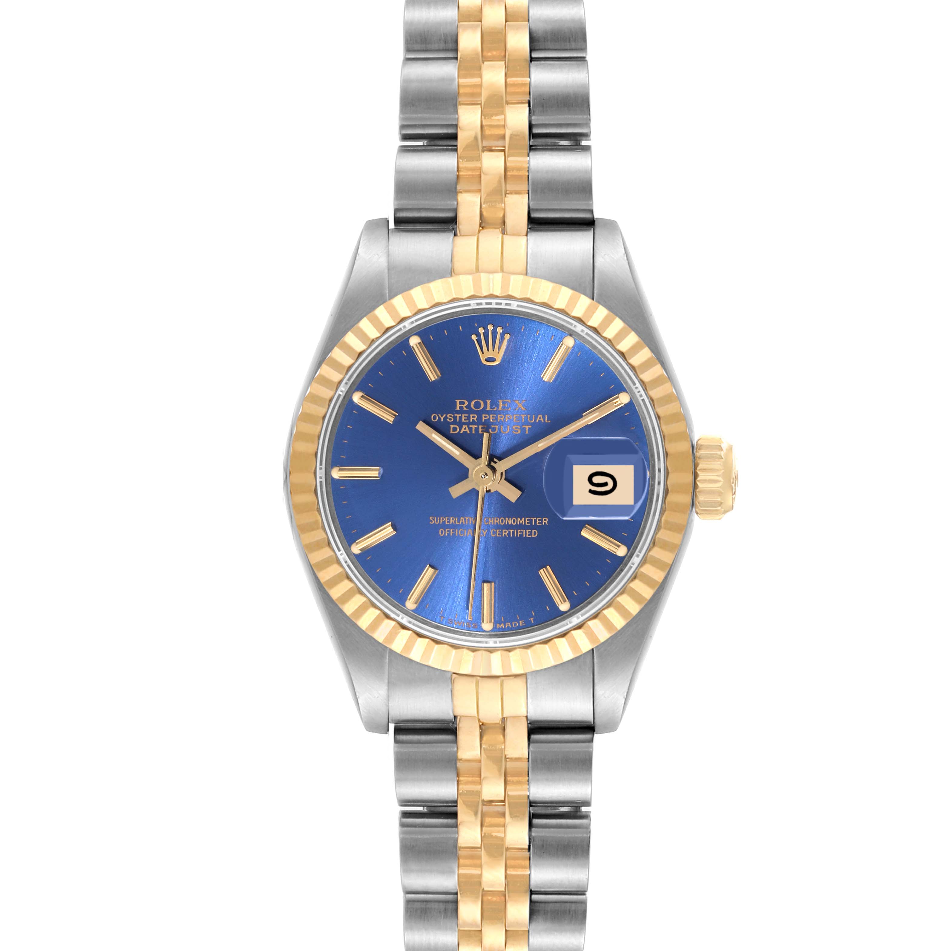 The image shows a Rolex Datejust 69173 Women's Steel and Gold (two tone) Blue Dial 69173 Women's Steel and Gold (two tone) Blue Dial watch from a front angle, highlighting the blue dial, date window, and two-tone bracelet.