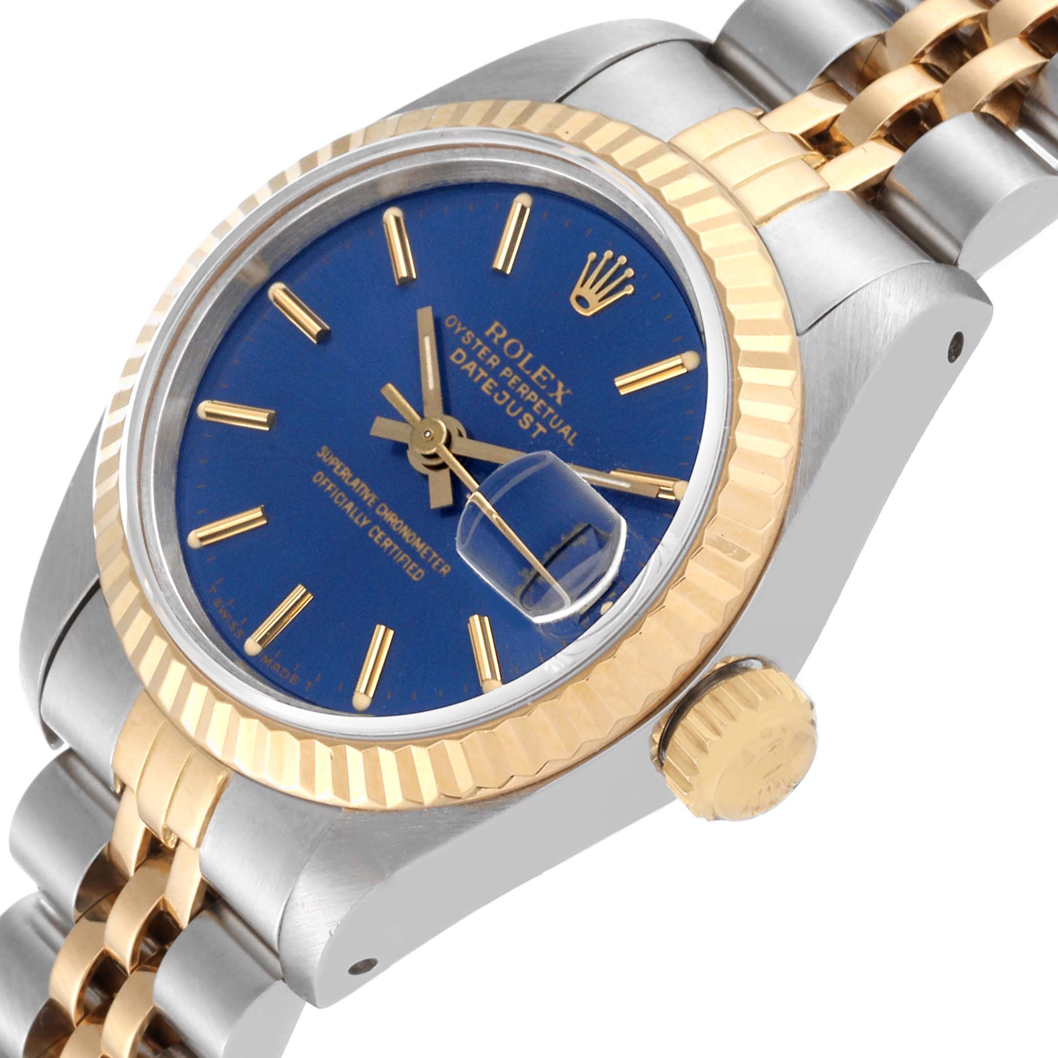 The Rolex Datejust 69173 Women's Steel and Gold (two tone) Blue Dial 69173 Women's Steel and Gold (two tone) Blue Dial watch is shown at an angle displaying the face, crown, bezel, and part of the bracelet.