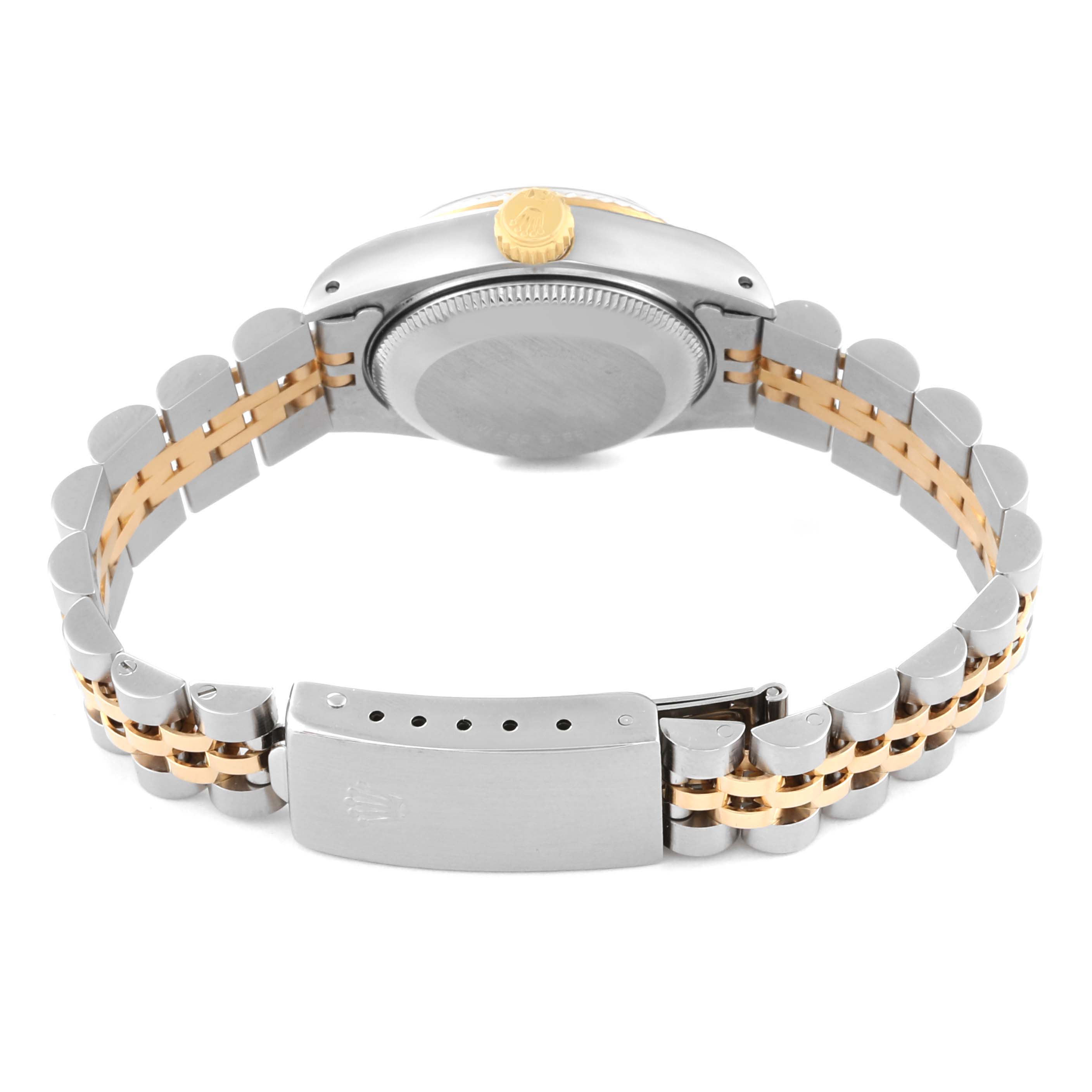 The image shows the back view of a Rolex Datejust 69173 Women's Steel and Gold (two tone) Blue Dial 69173 Women's Steel and Gold (two tone) Blue Dial watch, highlighting the clasp, bracelet, and case back.