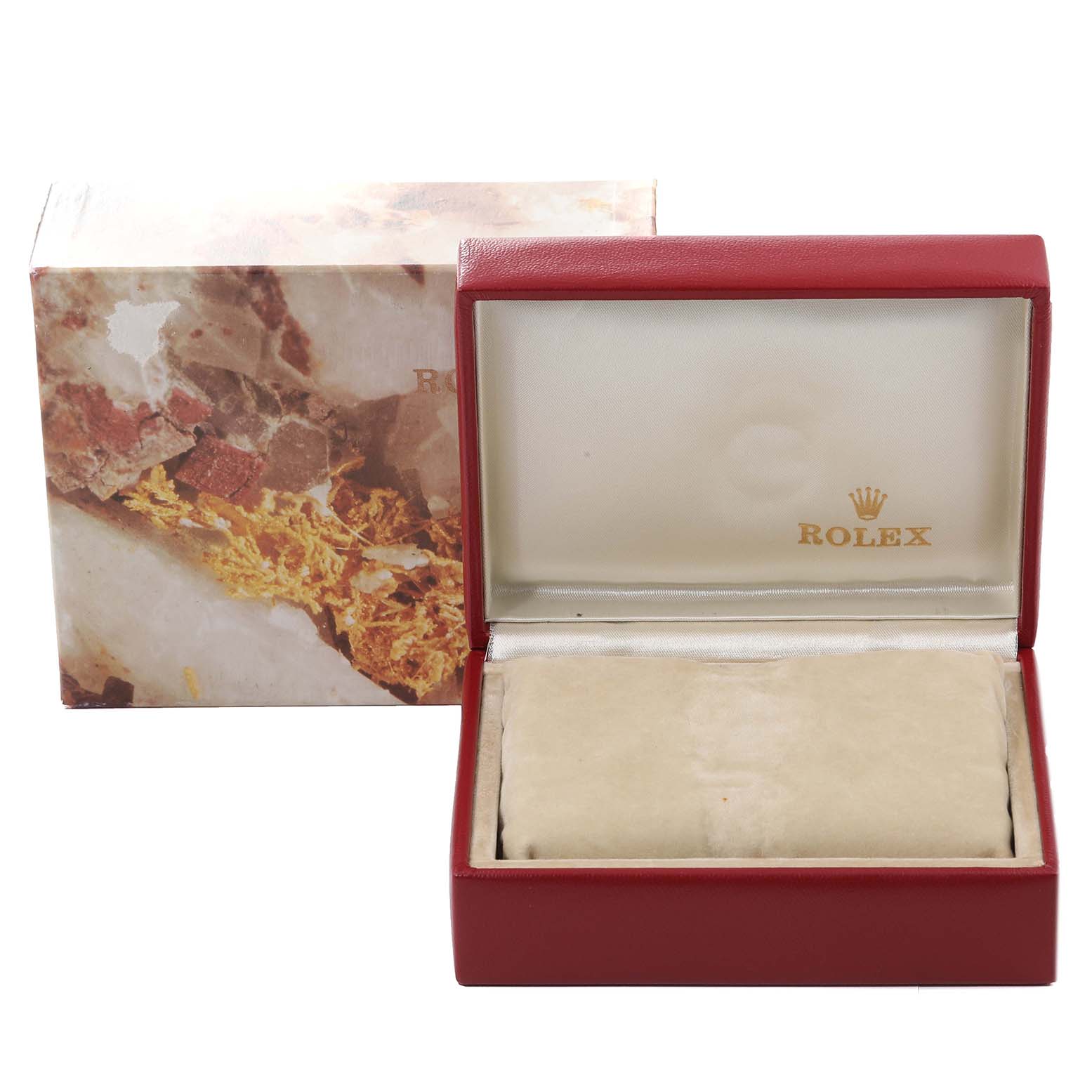 This image shows the open box and original outer packaging for a Rolex Datejust 69173 Women's Steel and Gold (two tone) Champagne Dial 69173 Women's Steel and Gold (two tone) Champagne Dial watch, highlighting the interior and logo.