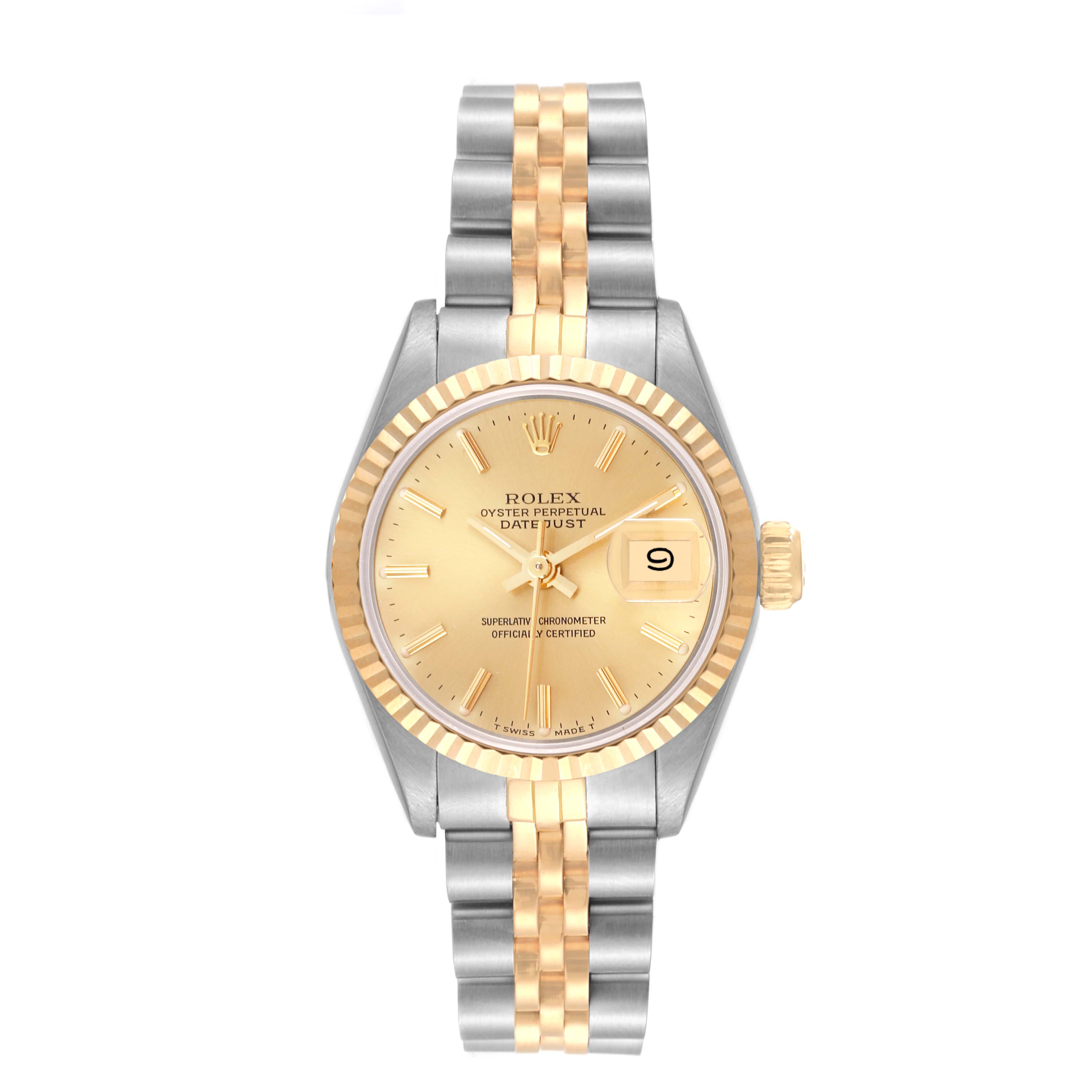 This is a front view of a Rolex Datejust 69173 Women's Steel and Gold (two tone) Champagne Dial 69173 Women's Steel and Gold (two tone) Champagne Dial watch, showing its gold and silver bracelet, champagne dial, and fluted bezel.