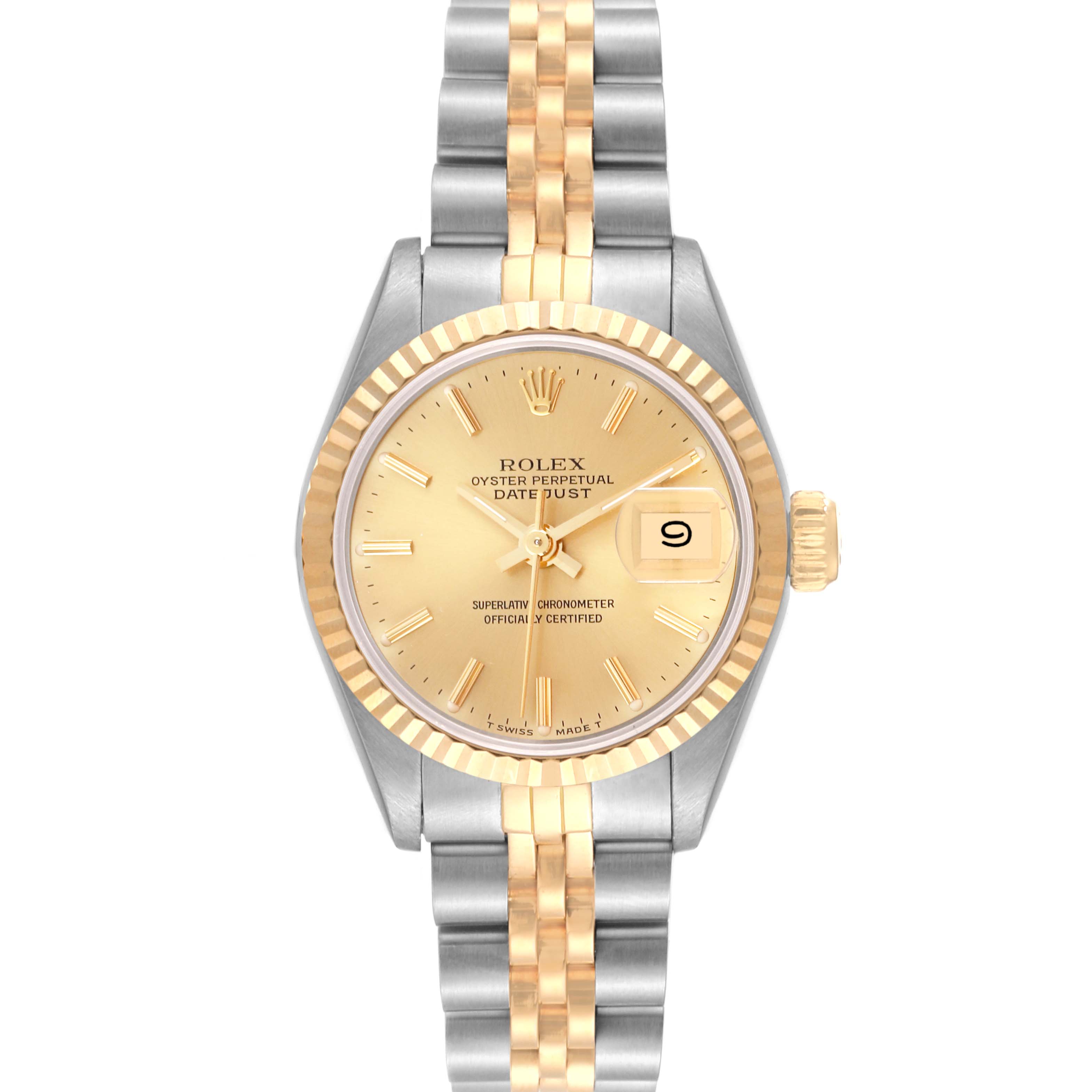 This image shows a front view of a Rolex Datejust 69173 Women's Steel and Gold (two tone) Champagne Dial 69173 Women's Steel and Gold (two tone) Champagne Dial watch, highlighting its dial, bezel, and two-tone bracelet.