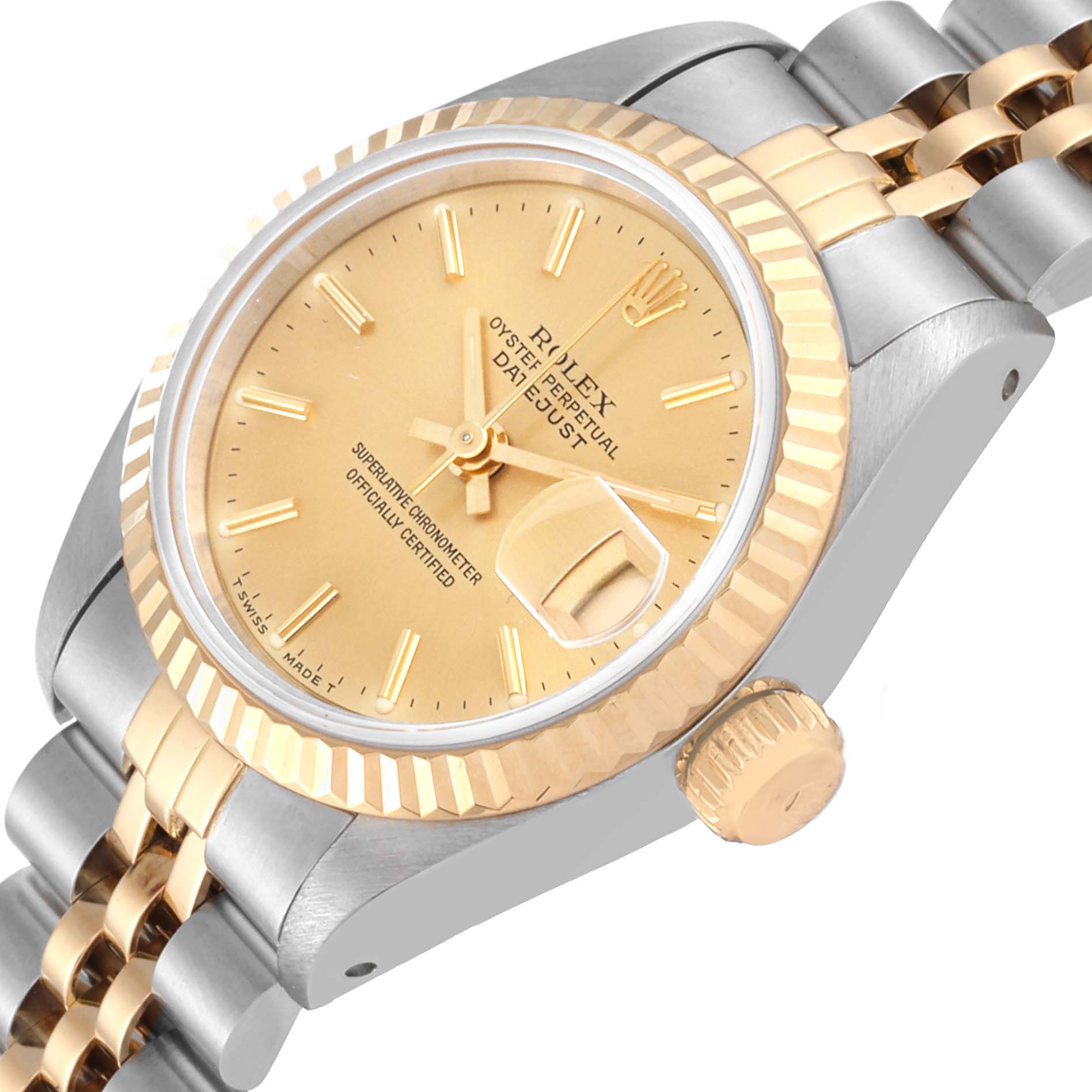 The watch is shown at an angle highlighting the dial, bezel, crown, and part of the bracelet of the Rolex Datejust 69173 Women's Steel and Gold (two tone) Champagne Dial 69173 Women's Steel and Gold (two tone) Champagne Dial model.