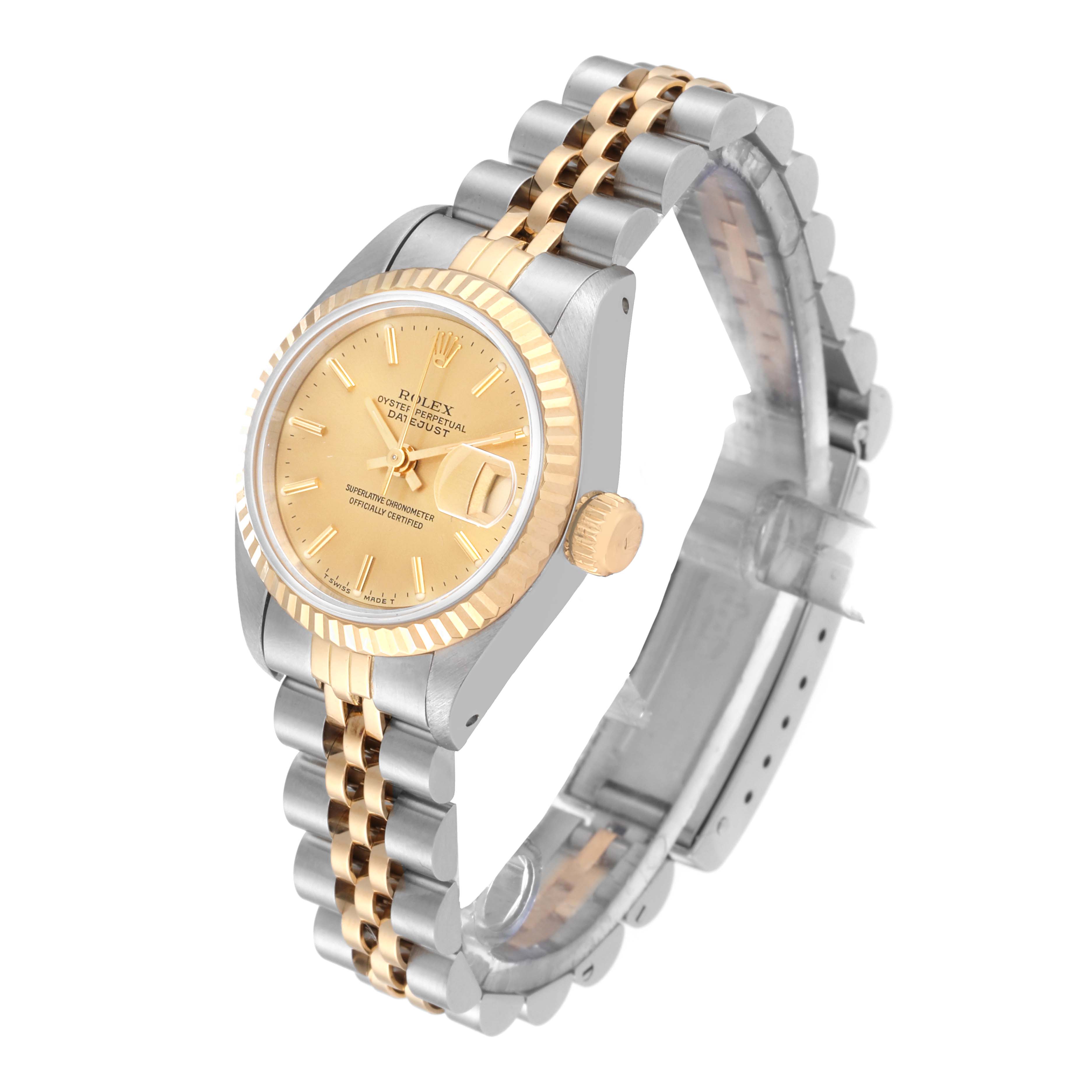 This image shows a Rolex Datejust 69173 Women's Steel and Gold (two tone) Champagne Dial 69173 Women's Steel and Gold (two tone) Champagne Dial watch from an angled perspective, highlighting the face, bezel, and two-tone bracelet.