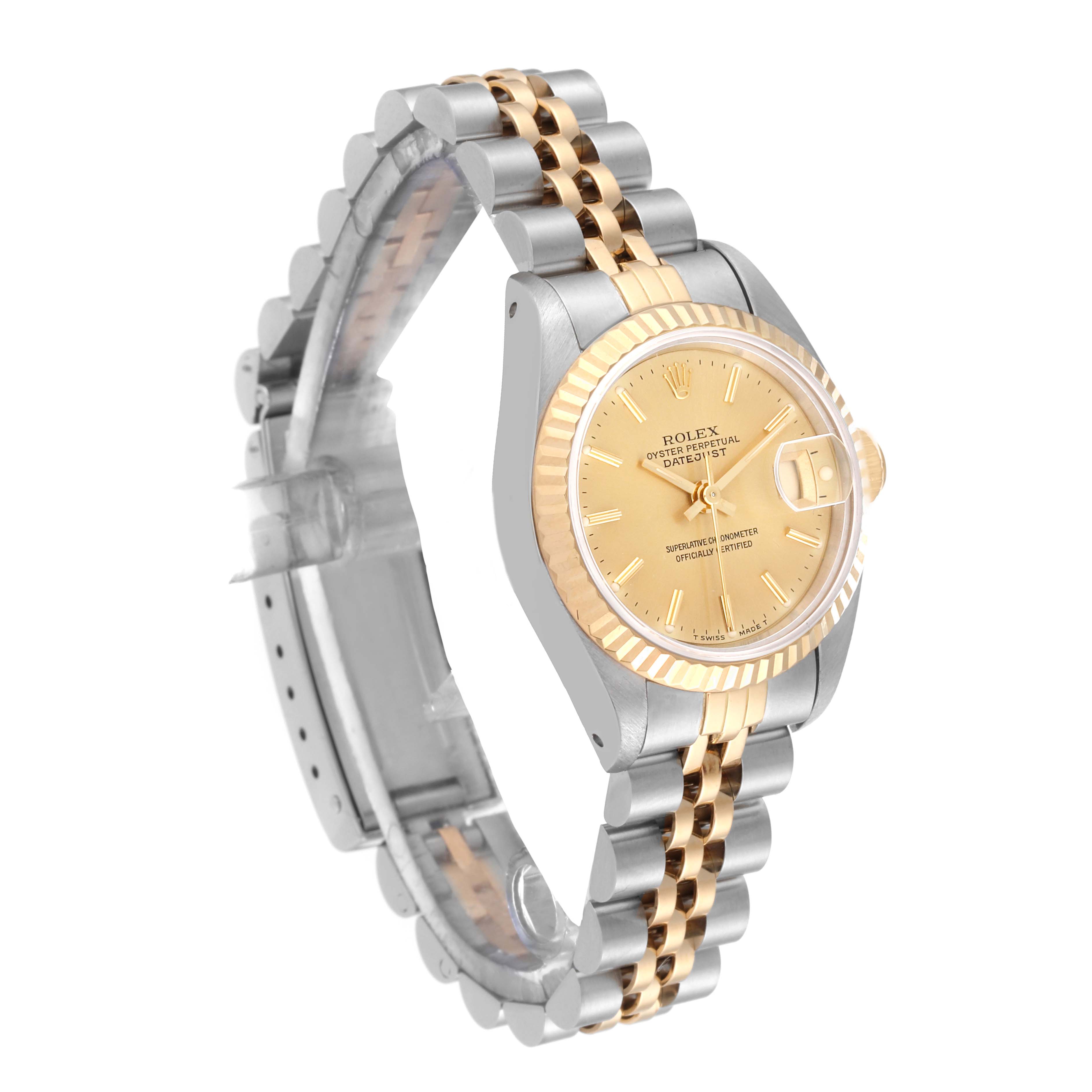 This image shows a side view of a Rolex Datejust 69173 Women's Steel and Gold (two tone) Champagne Dial 69173 Women's Steel and Gold (two tone) Champagne Dial watch, highlighting the watch face, bezel, and two-tone bracelet.