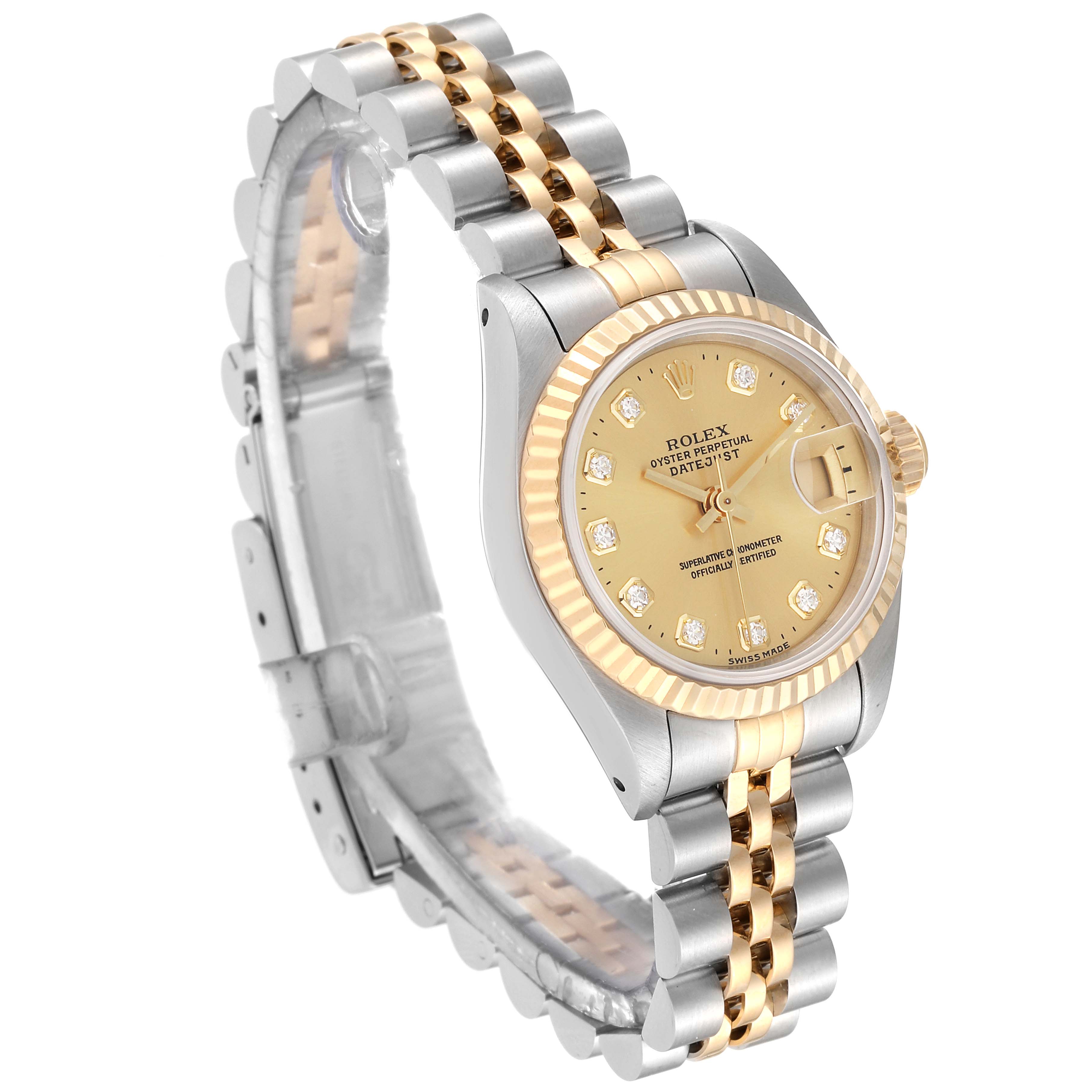 This image shows a Rolex Datejust 69173G Women's Steel and Gold (two tone) Champagne Dial 69173G Women's Steel and Gold (two tone) Champagne Dial watch from an angled side view, highlighting its dial, bezel, and two-tone bracelet.