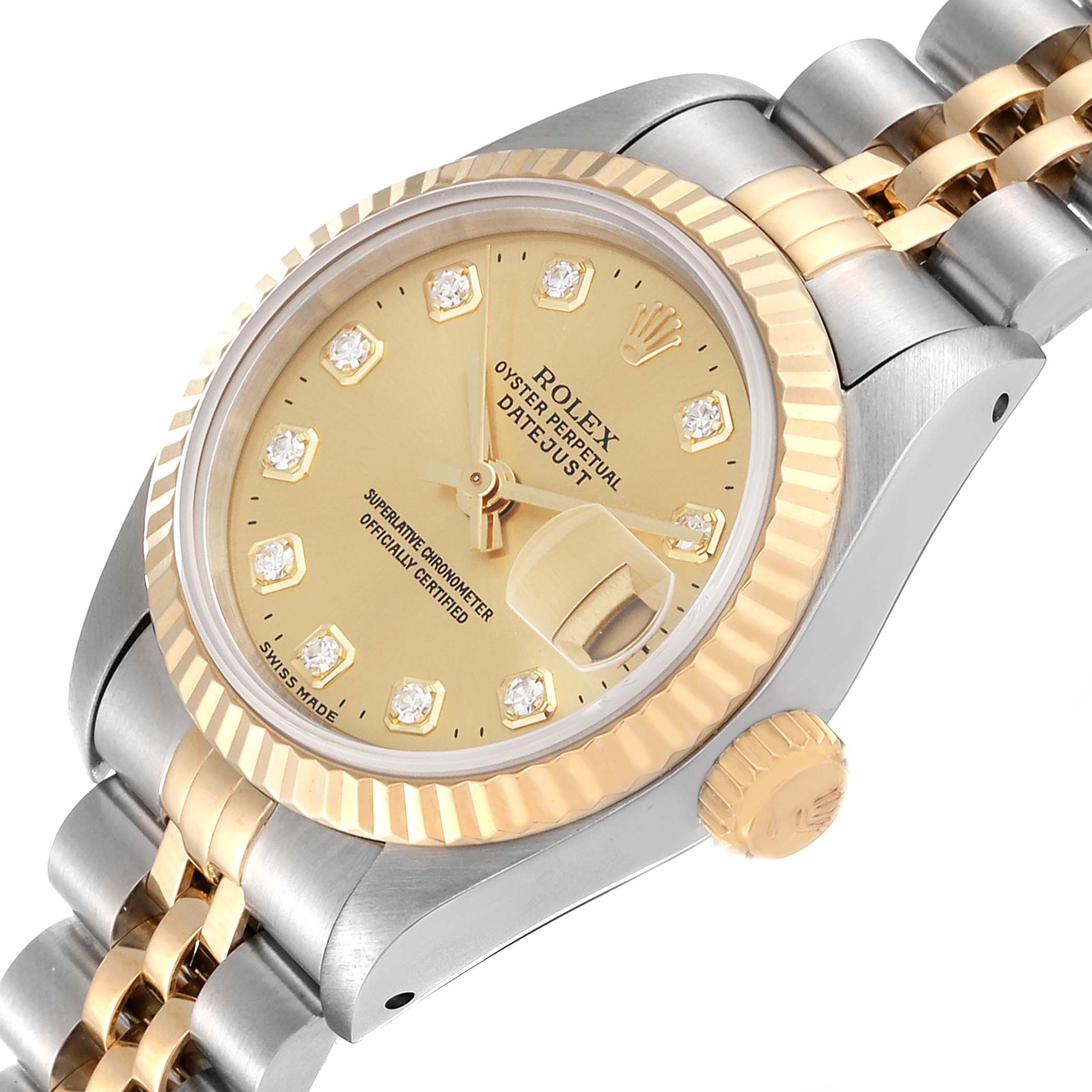 This image shows a Rolex Datejust 69173G Women's Steel and Gold (two tone) Champagne Dial 69173G Women's Steel and Gold (two tone) Champagne Dial watch at a slight angle, highlighting the dial, bezel, crown, and part of the bracelet.