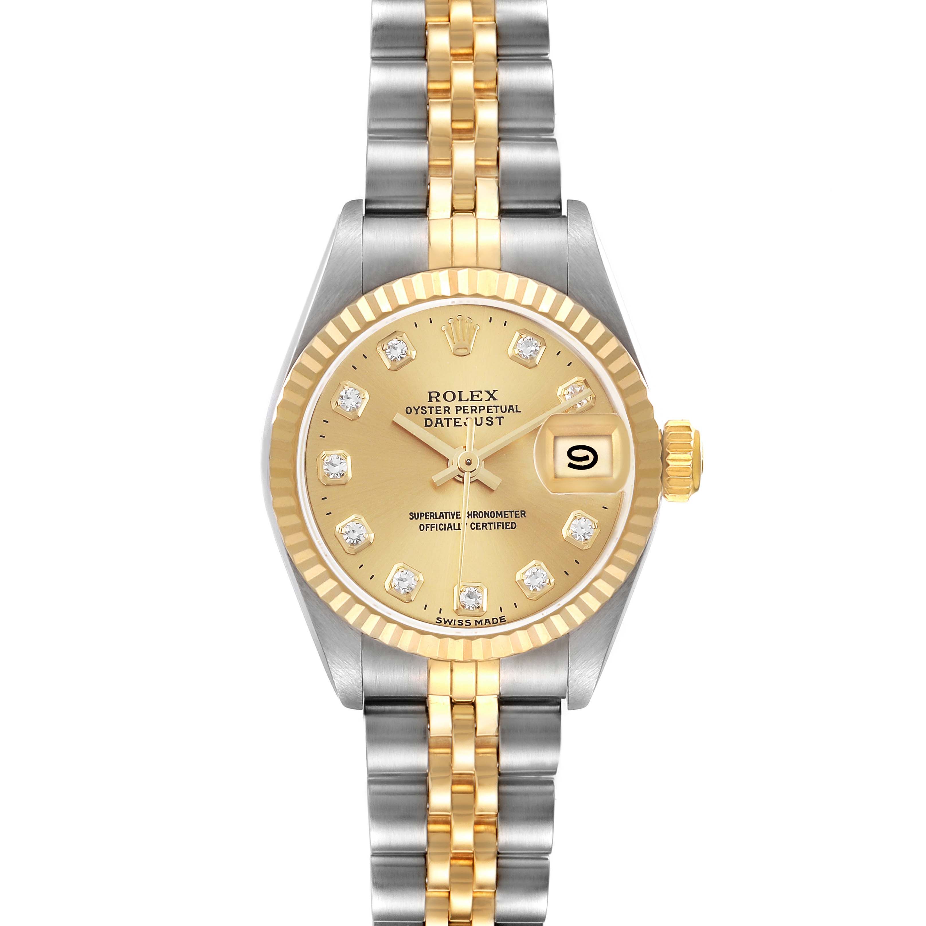 The image shows a front view of the Rolex Datejust 69173G Women's Steel and Gold (two tone) Champagne Dial 69173G Women's Steel and Gold (two tone) Champagne Dial watch, highlighting the dial, bezel, and two-tone bracelet.