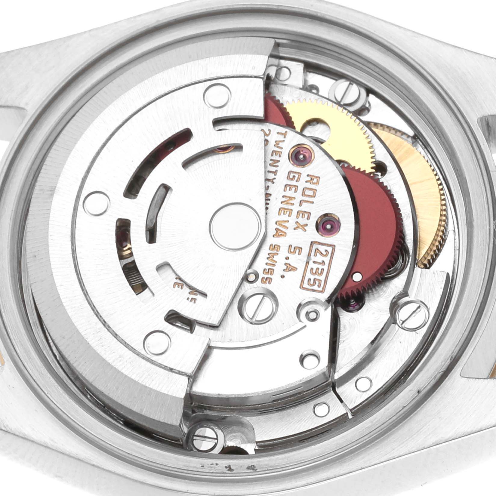 The image shows the movement mechanism of a Rolex Datejust 69173G Women's Steel and Gold (two tone) Champagne Dial 69173G Women's Steel and Gold (two tone) Champagne Dial watch from a top-down angle.