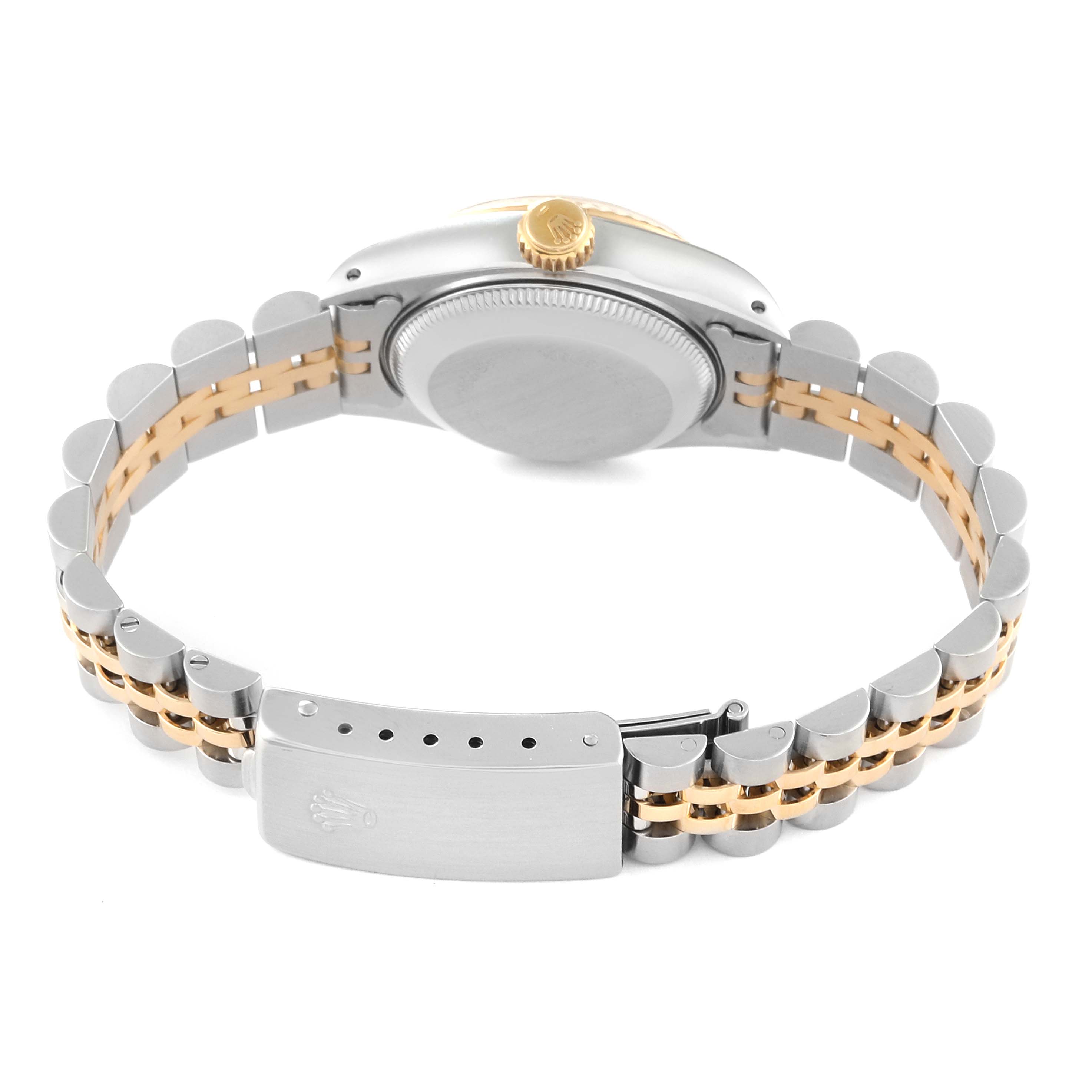 The image shows the back view of a Rolex Datejust 69173G Women's Steel and Gold (two tone) Champagne Dial 69173G Women's Steel and Gold (two tone) Champagne Dial watch with its clasp and bracelet visible.