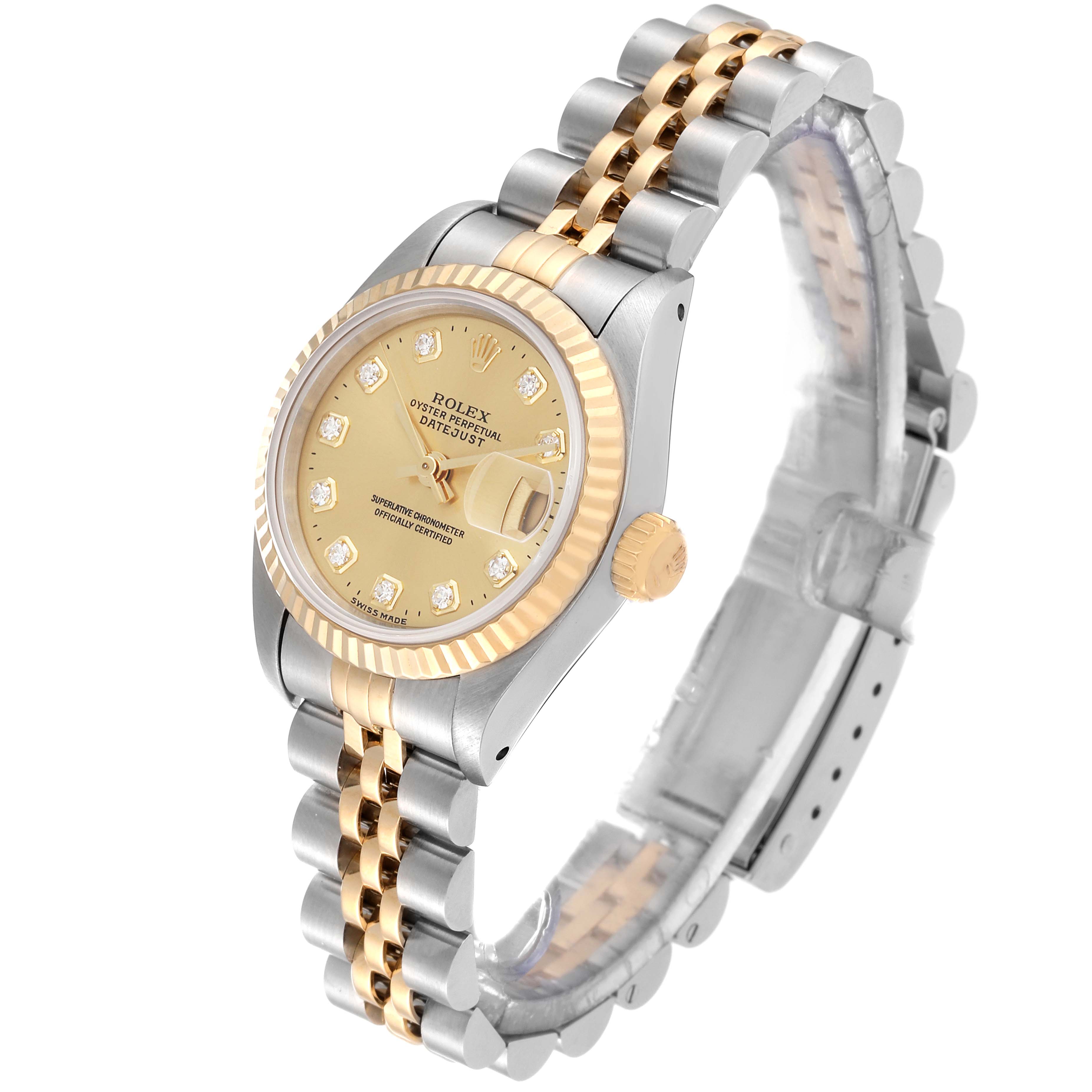 The image shows a Rolex Datejust 69173G Women's Steel and Gold (two tone) Champagne Dial 69173G Women's Steel and Gold (two tone) Champagne Dial watch at an angled side view, featuring the dial, bezel, crown, and bracelet.