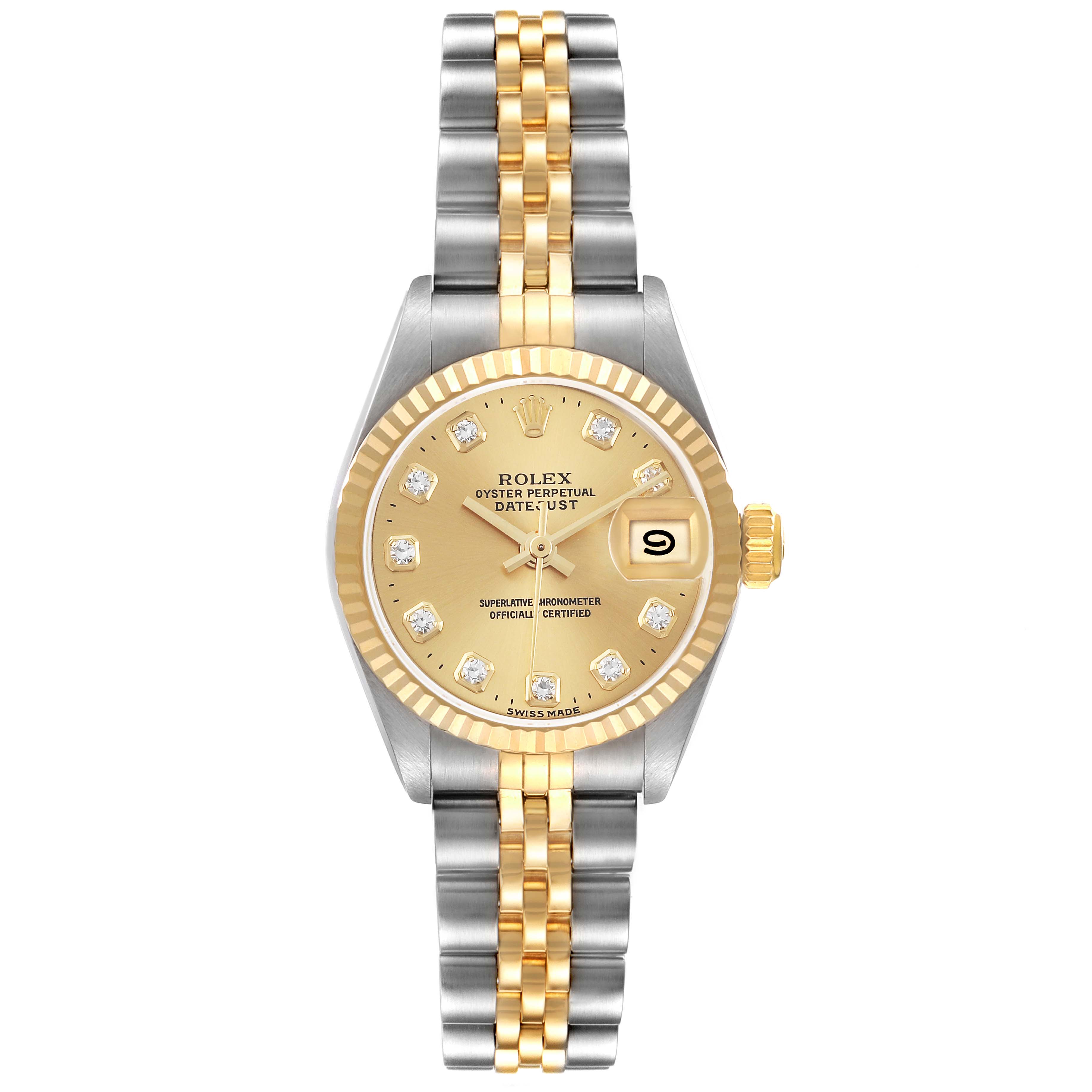 The Rolex Datejust 69173G Women's Steel and Gold (two tone) Champagne Dial 69173G Women's Steel and Gold (two tone) Champagne Dial model is shown from the front, displaying the dial, bezel, crown, and Jubilee bracelet.