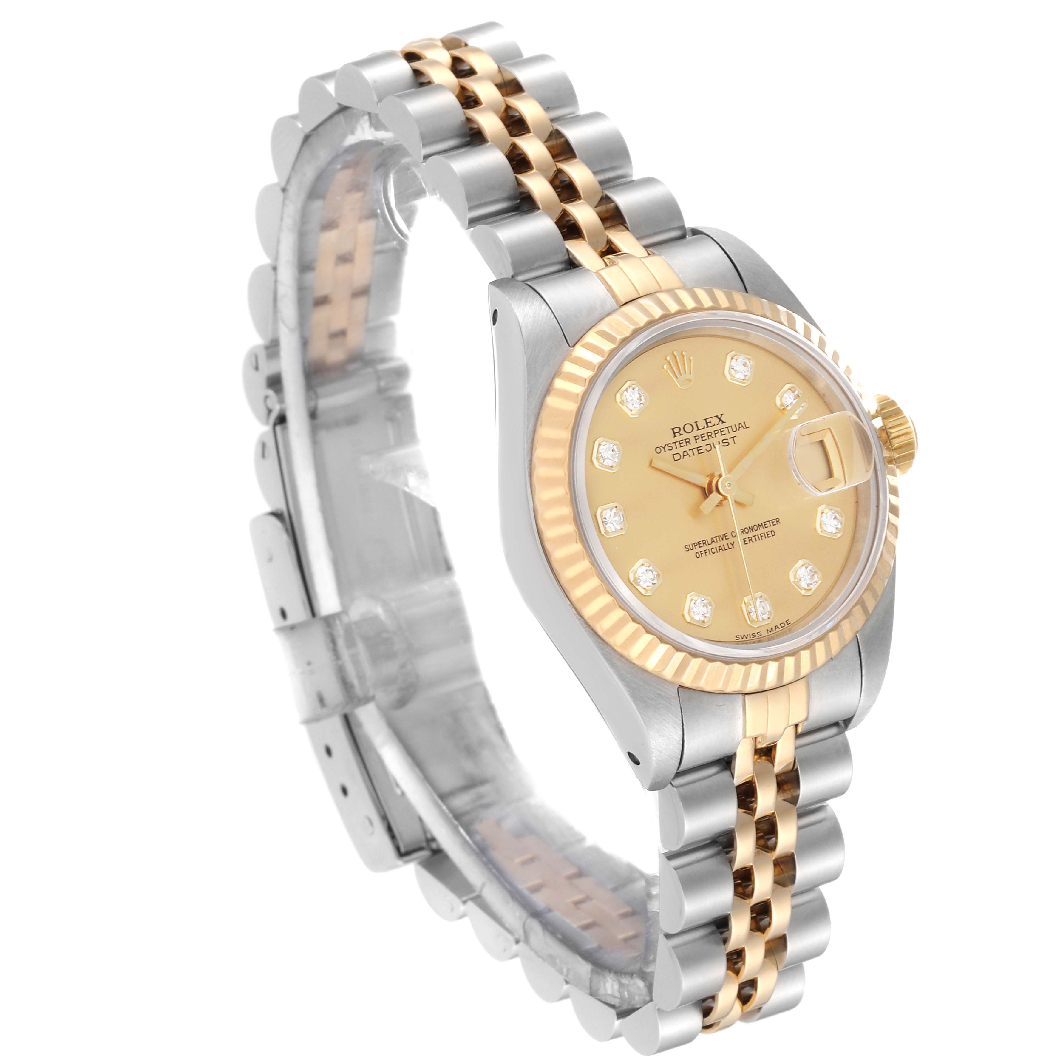 The image shows a Rolex Datejust 69173G Women's Steel and Gold (two tone) Champagne Dial 69173G Women's Steel and Gold (two tone) Champagne Dial watch at a three-quarter angle, highlighting its dial, bezel, and two-tone bracelet.