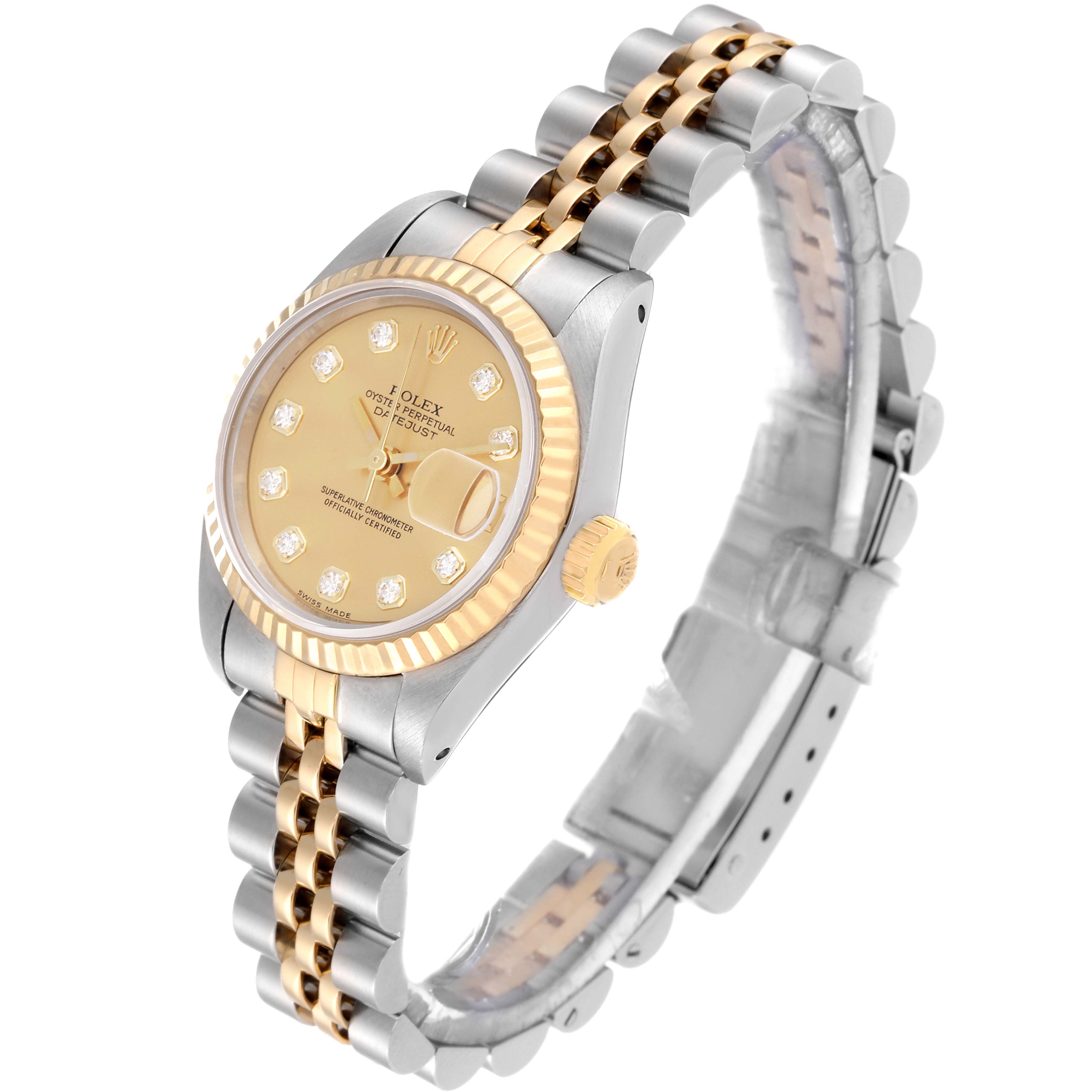 The image shows a Rolex Datejust 69173G Women's Steel and Gold (two tone) Champagne Dial 69173G Women's Steel and Gold (two tone) Champagne Dial watch at a slight angle showcasing the bezel, crown, band, and dial with diamond hour markers.