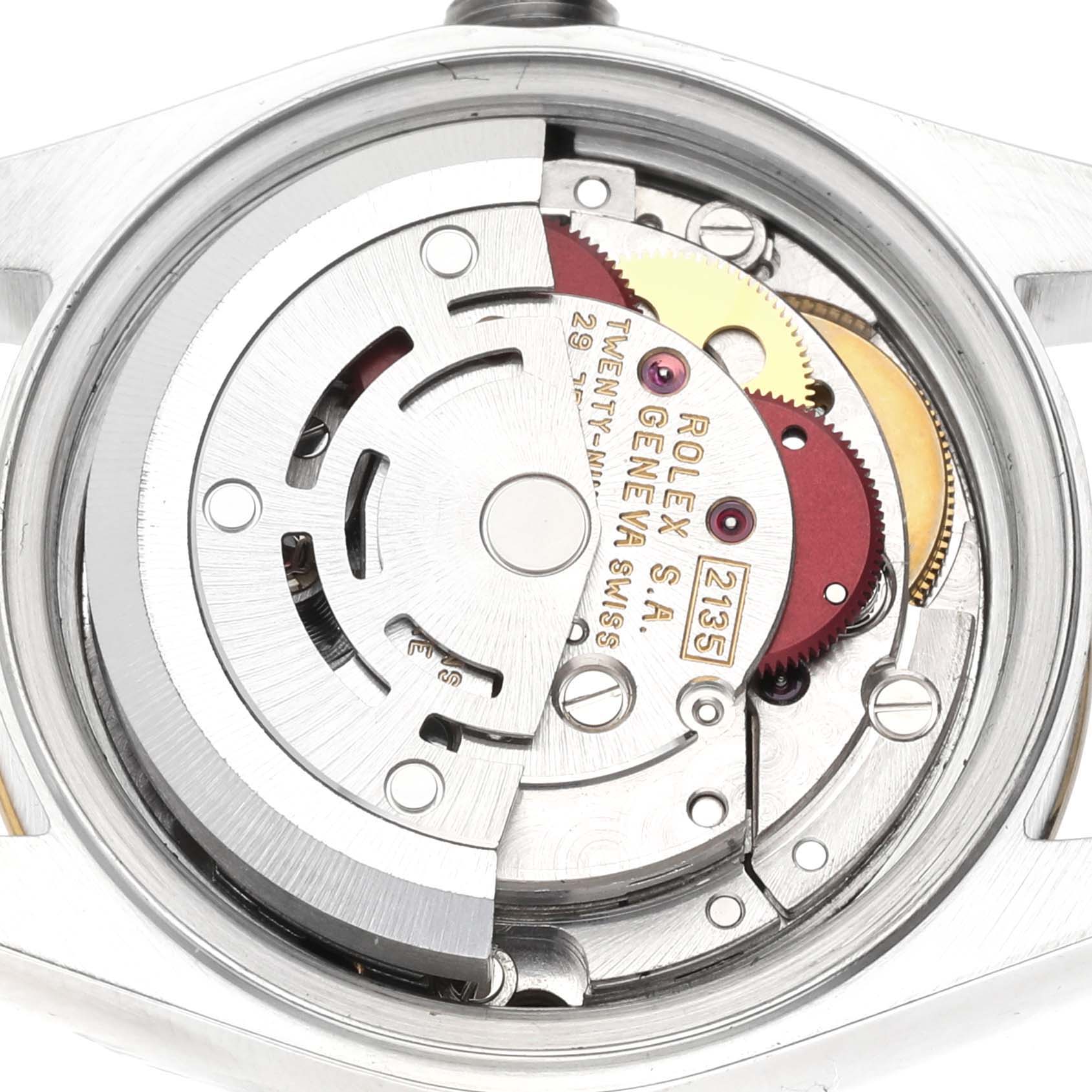 This image shows the internal mechanism and rotor of a Rolex Datejust 69173G Women's Steel and Gold (two tone) Champagne Dial 69173G Women's Steel and Gold (two tone) Champagne Dial watch, viewed from the back.