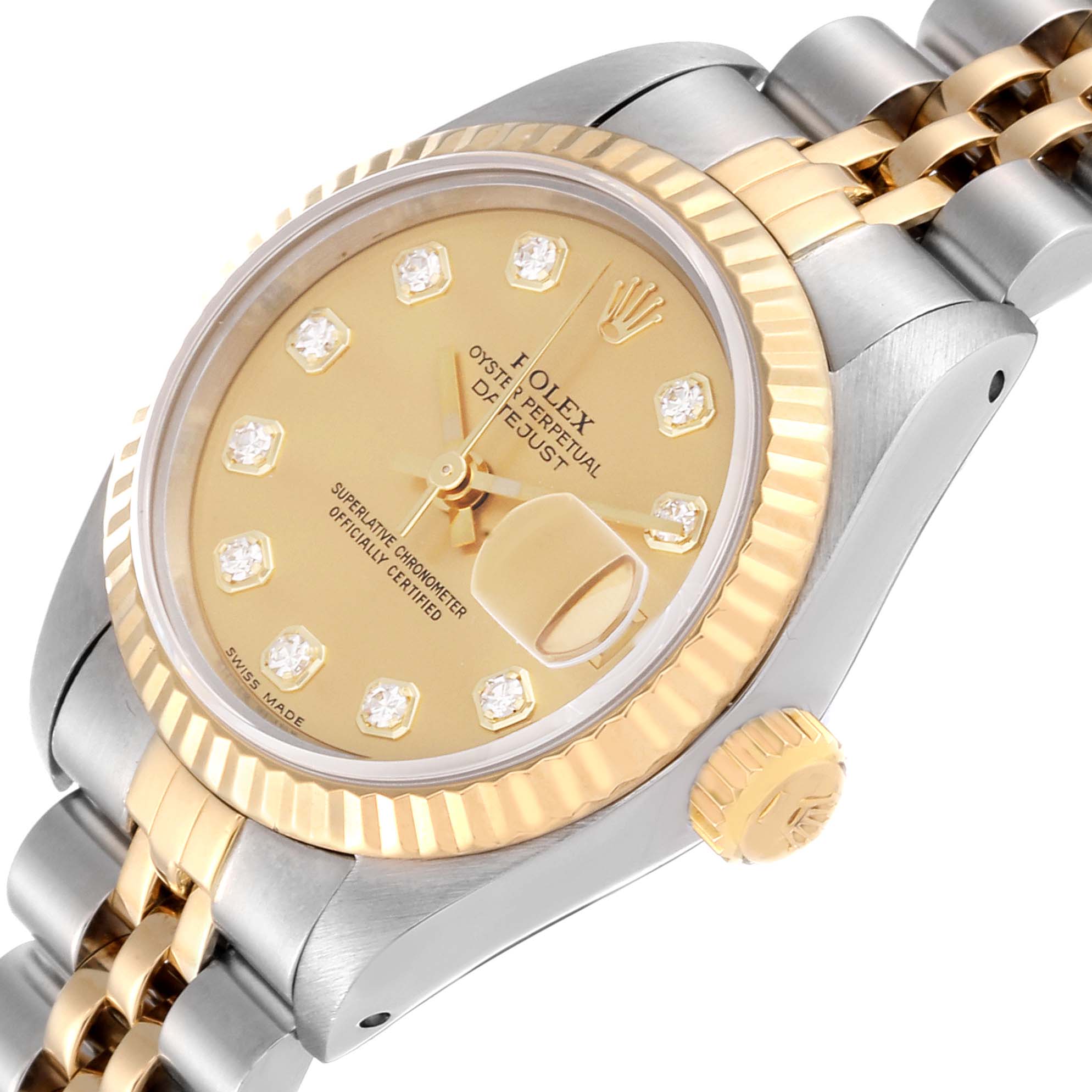 The Rolex Datejust 69173G Women's Steel and Gold (two tone) Champagne Dial 69173G Women's Steel and Gold (two tone) Champagne Dial watch is shown at a three-quarter angle, highlighting its face, bezel, crown, and band.