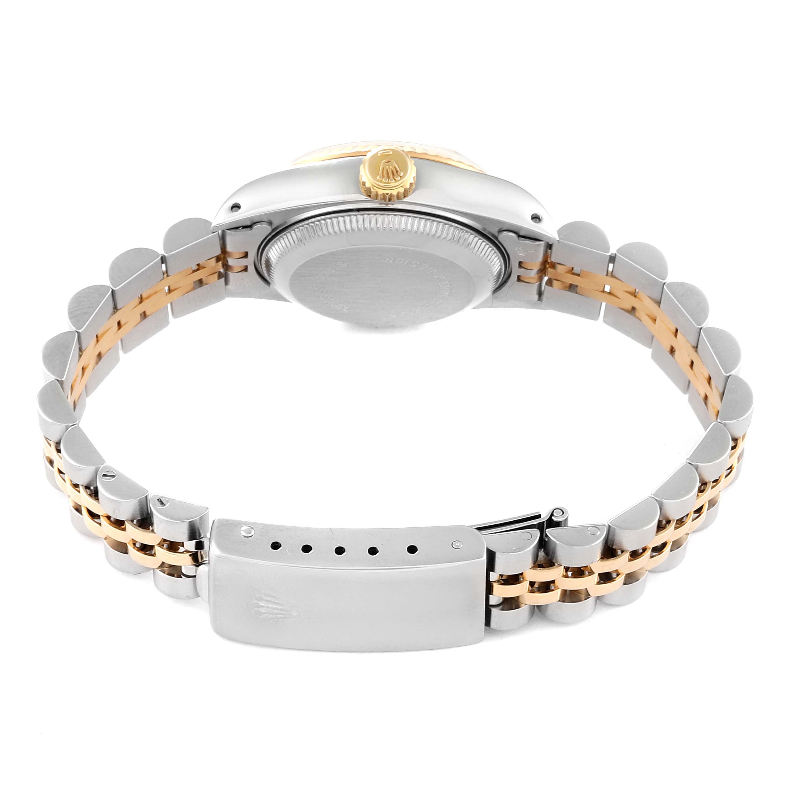 The image shows the back view of a Rolex Datejust 69173G Women's Steel and Gold (two tone) Champagne Dial 69173G Women's Steel and Gold (two tone) Champagne Dial watch, including the case back, crown, and the two-tone bracelet with clasp.