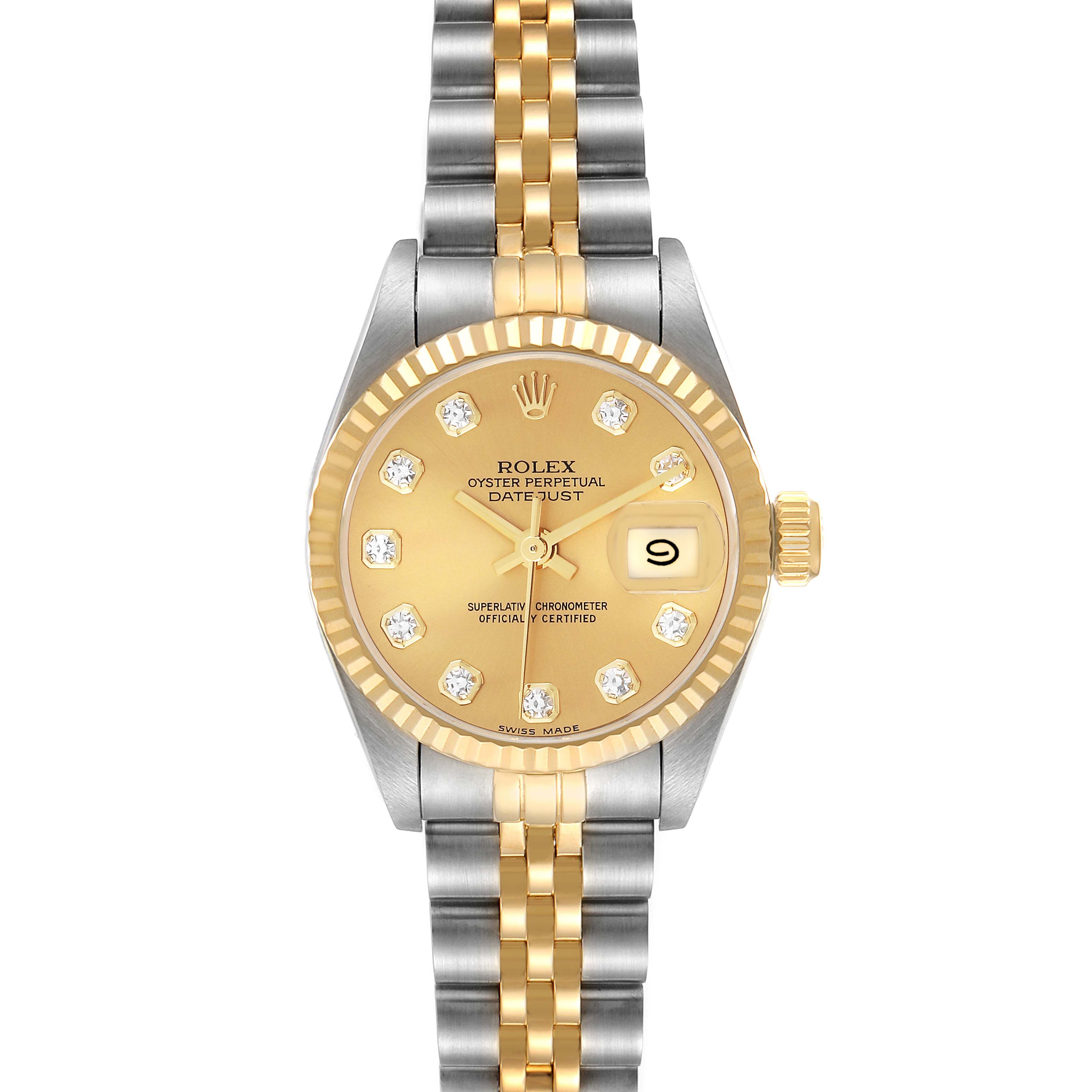 This image shows a front view of a Rolex Datejust 69173G Women's Steel and Gold (two tone) Champagne Dial 69173G Women's Steel and Gold (two tone) Champagne Dial watch, displaying its face, bezel, and jubilee bracelet.