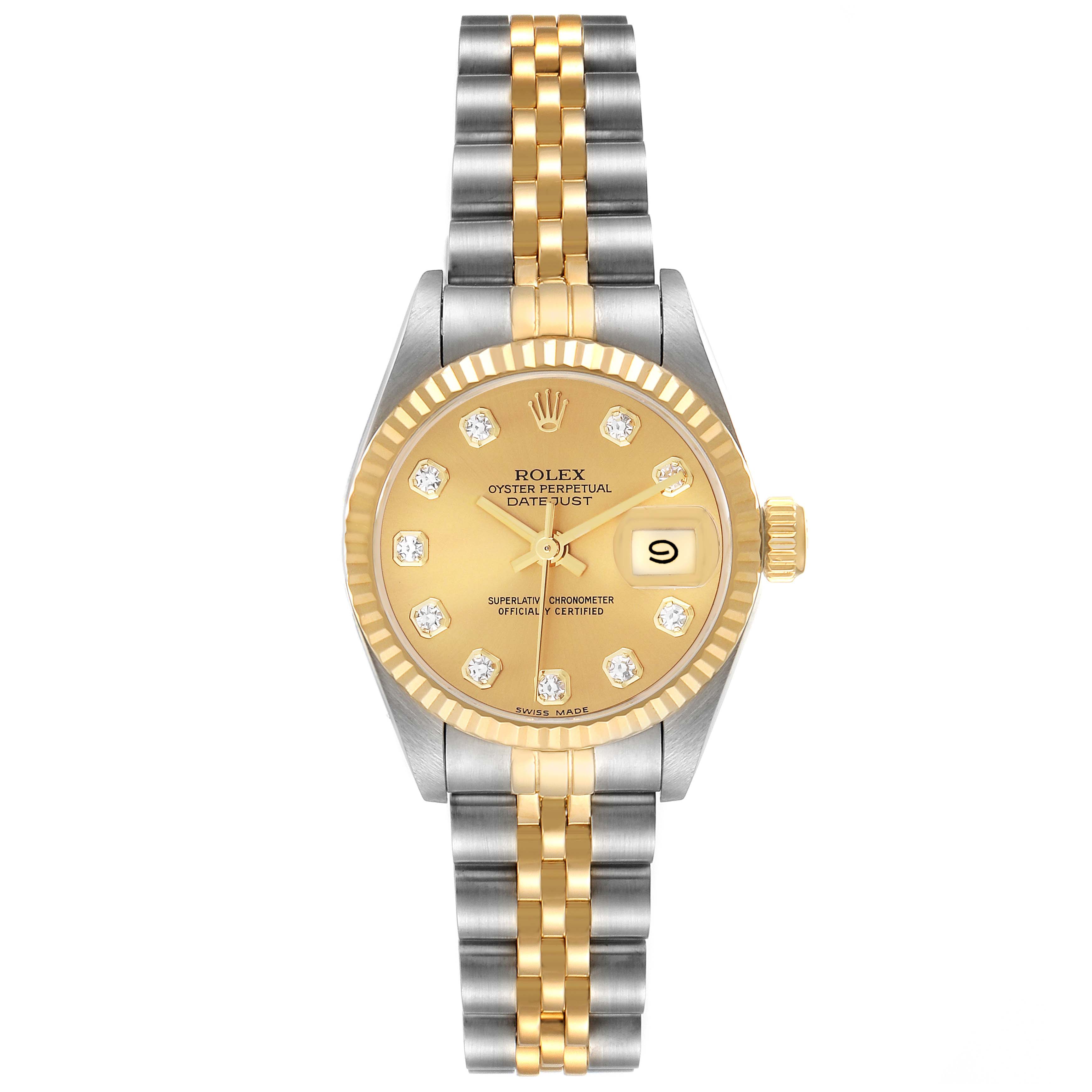 This is a front view of a Rolex Datejust 69173G Women's Steel and Gold (two tone) Champagne Dial 69173G Women's Steel and Gold (two tone) Champagne Dial watch, showing the dial, bezel, bracelet, and crown.