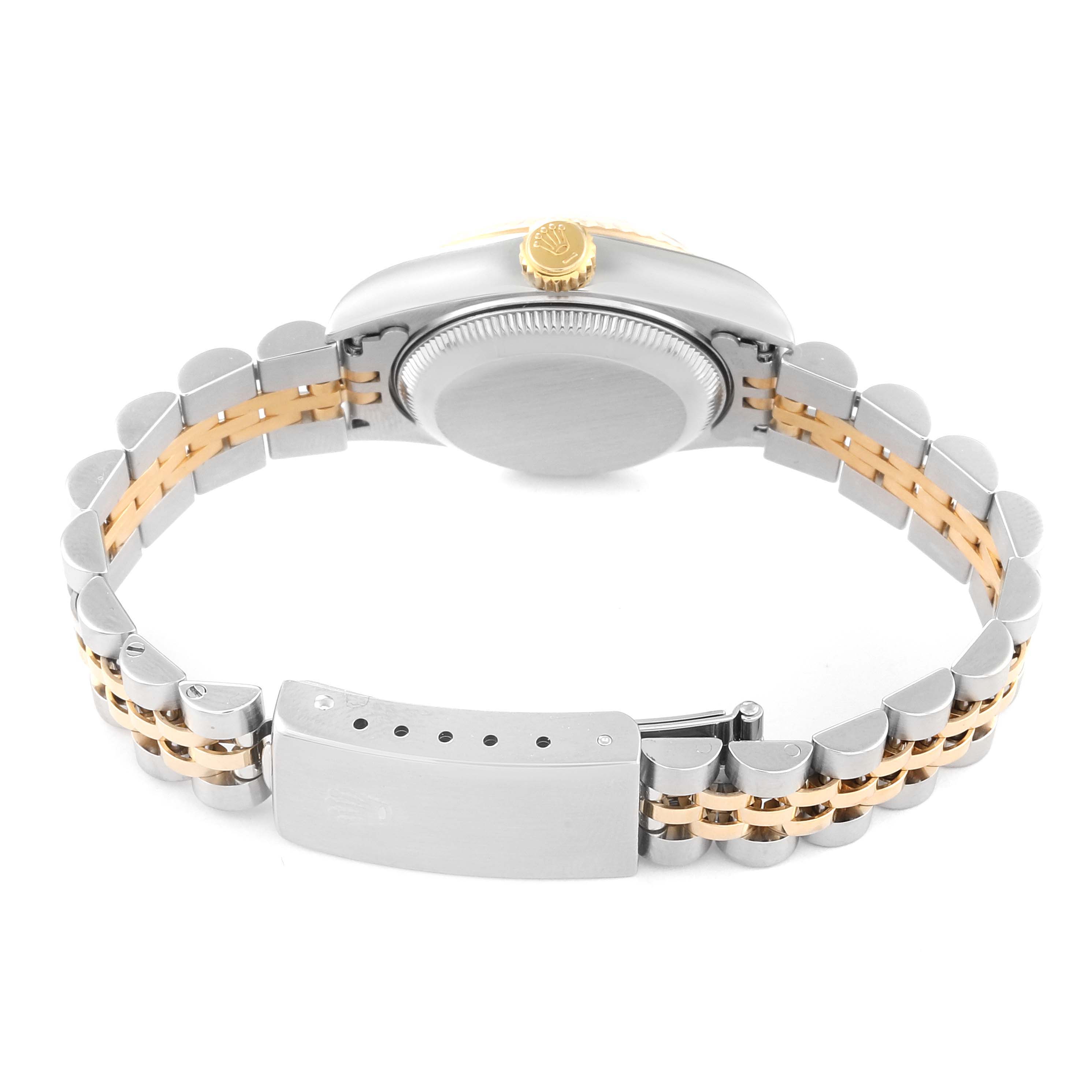 The image shows the back and side view of a Rolex Datejust 69173G Women's Steel and Gold (two tone) Champagne Dial 69173G Women's Steel and Gold (two tone) Champagne Dial watch, highlighting the case, crown, and two-tone bracelet and clasp.