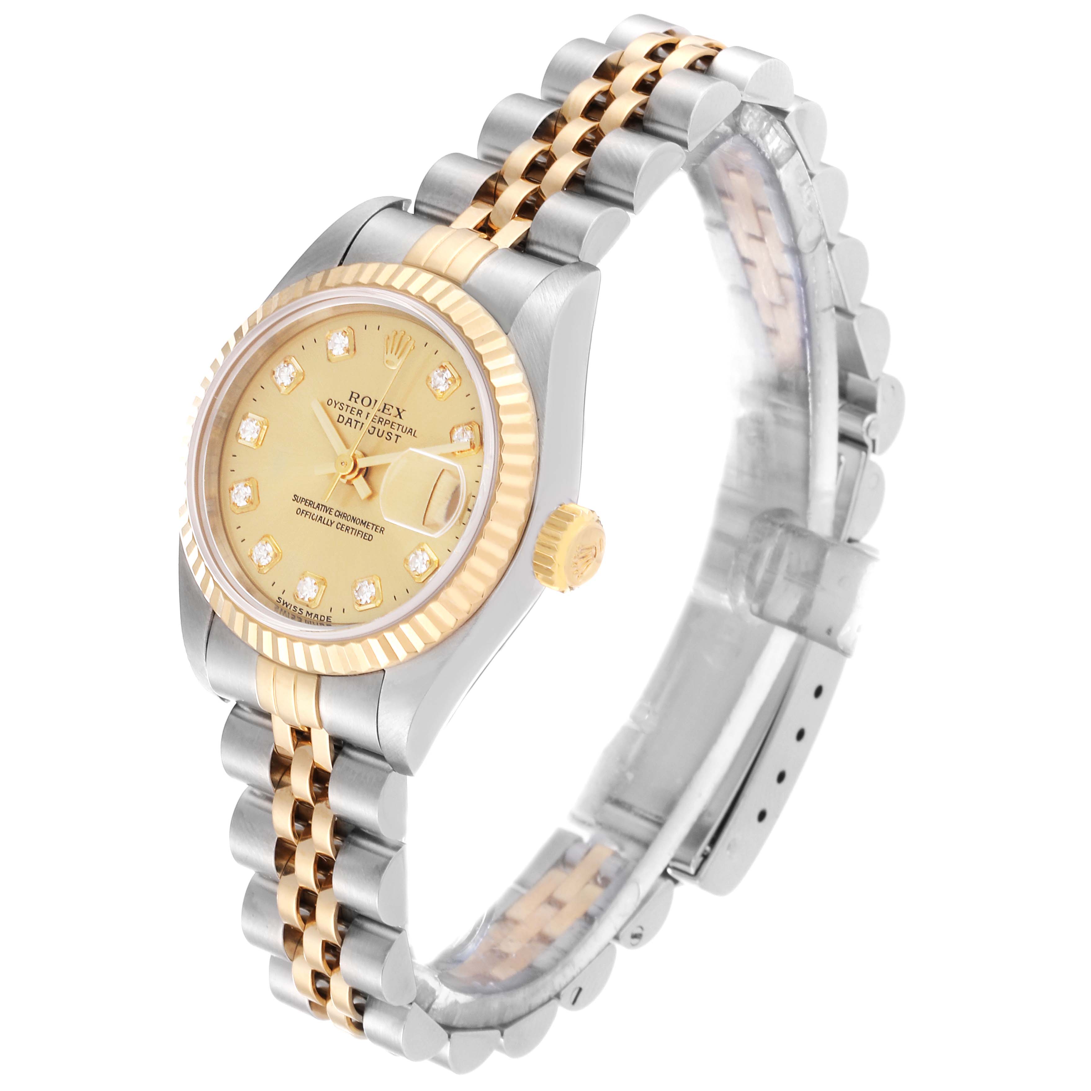 This image shows a Rolex Datejust 69173G Women's Steel and Gold (two tone) Champagne Dial 69173G Women's Steel and Gold (two tone) Champagne Dial watch at a slight angle, highlighting its dial, bezel, crown, and bracelet.