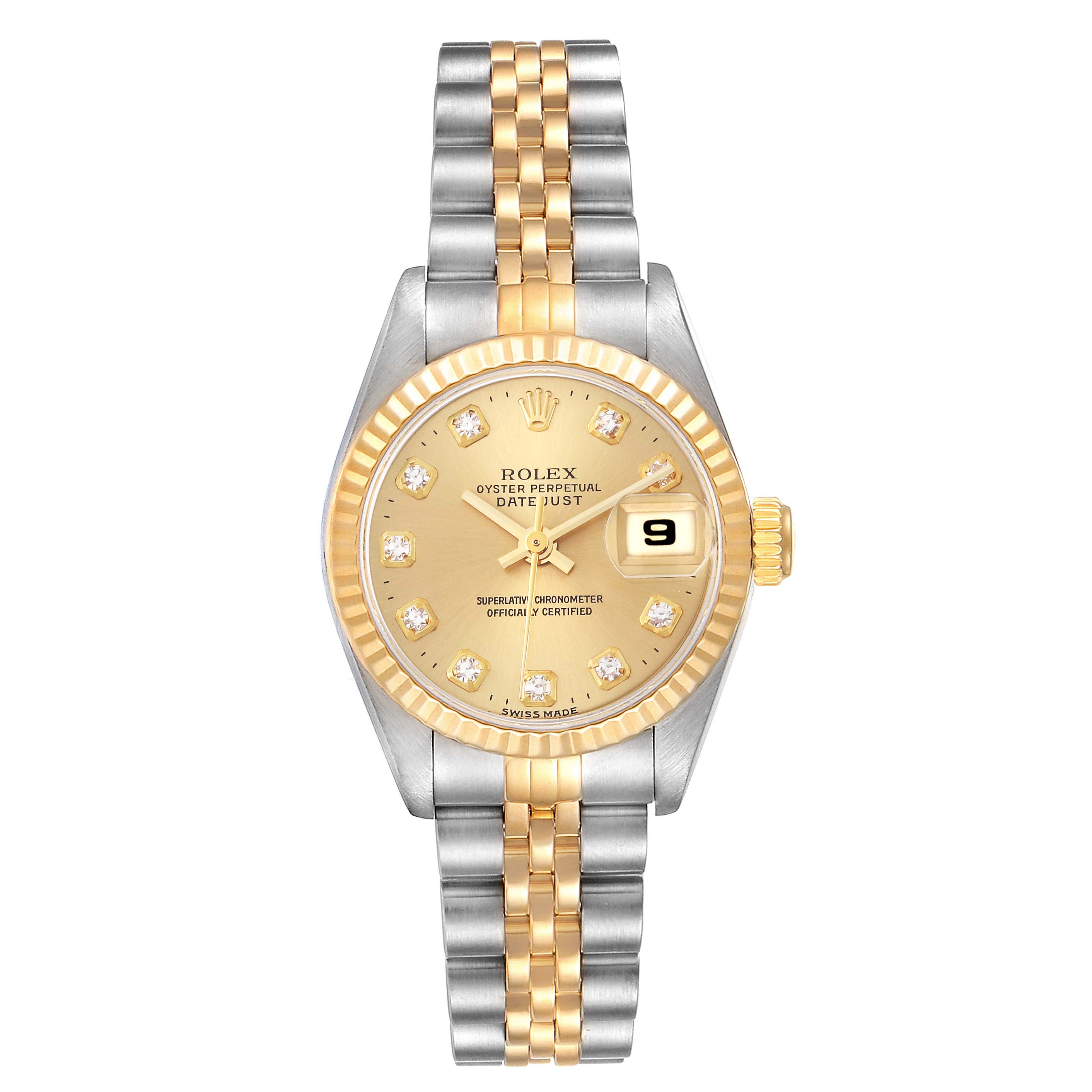 The image shows a front view of a Rolex Datejust 69173G Women's Steel and Gold (two tone) Champagne Dial 69173G Women's Steel and Gold (two tone) Champagne Dial watch, displaying its face, bezel, and bracelet.