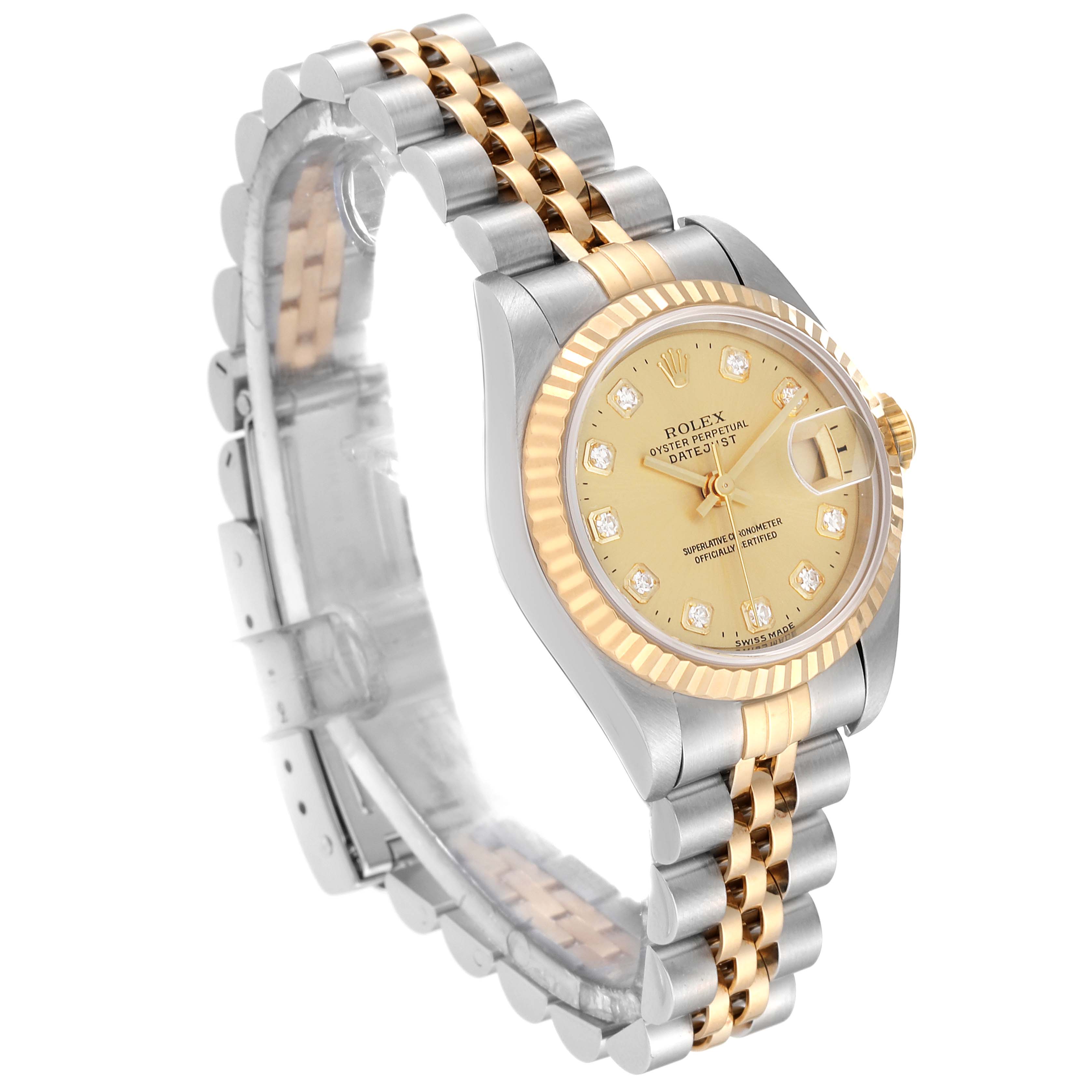 The Rolex Datejust 69173G Women's Steel and Gold (two tone) Champagne Dial 69173G Women's Steel and Gold (two tone) Champagne Dial model watch is shown from an angled profile, displaying its dial, bezel, and two-tone bracelet.