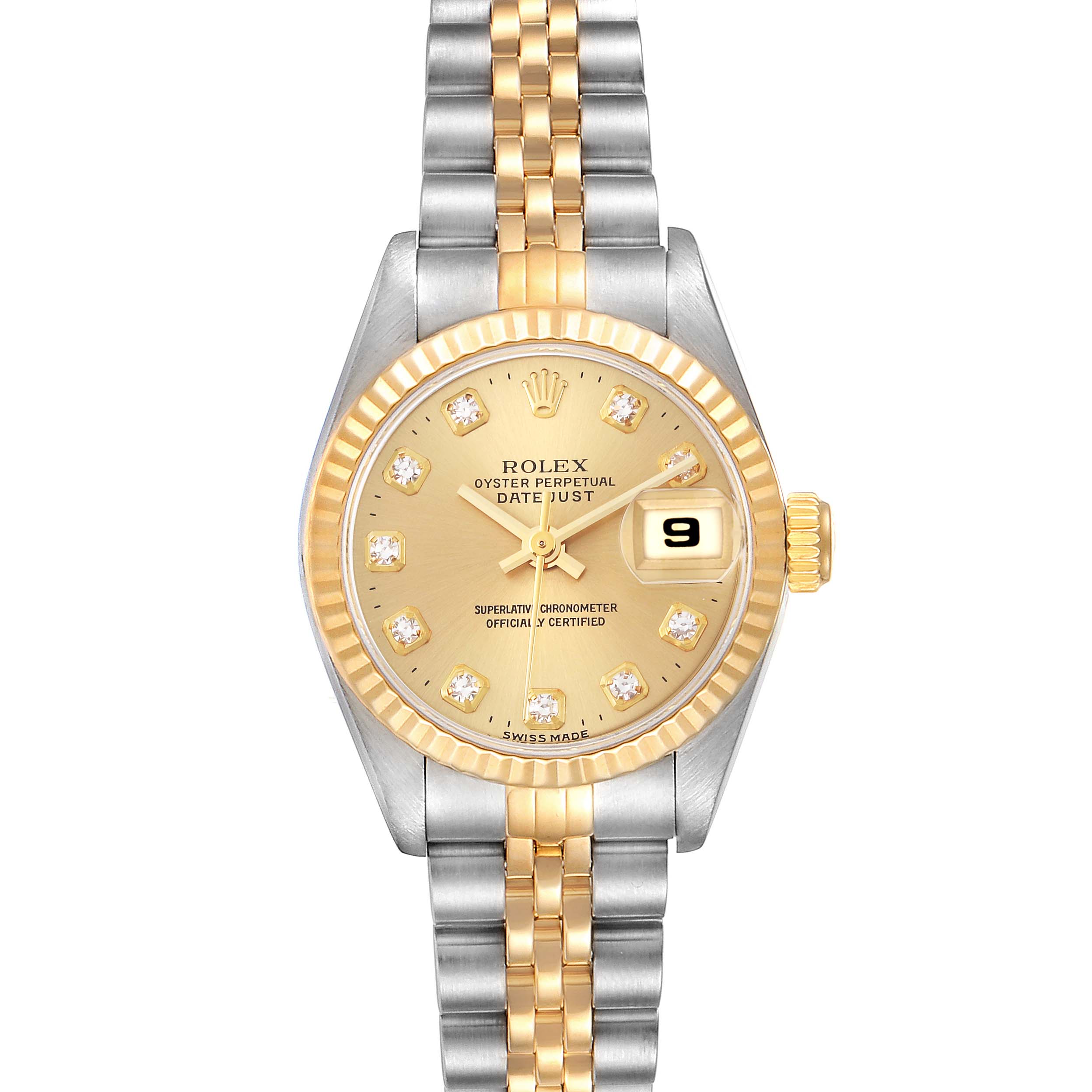 This image shows a front view of a Rolex Datejust 69173G Women's Steel and Gold (two tone) Champagne Dial 69173G Women's Steel and Gold (two tone) Champagne Dial watch, featuring a two-tone band and a gold dial with diamond markers.