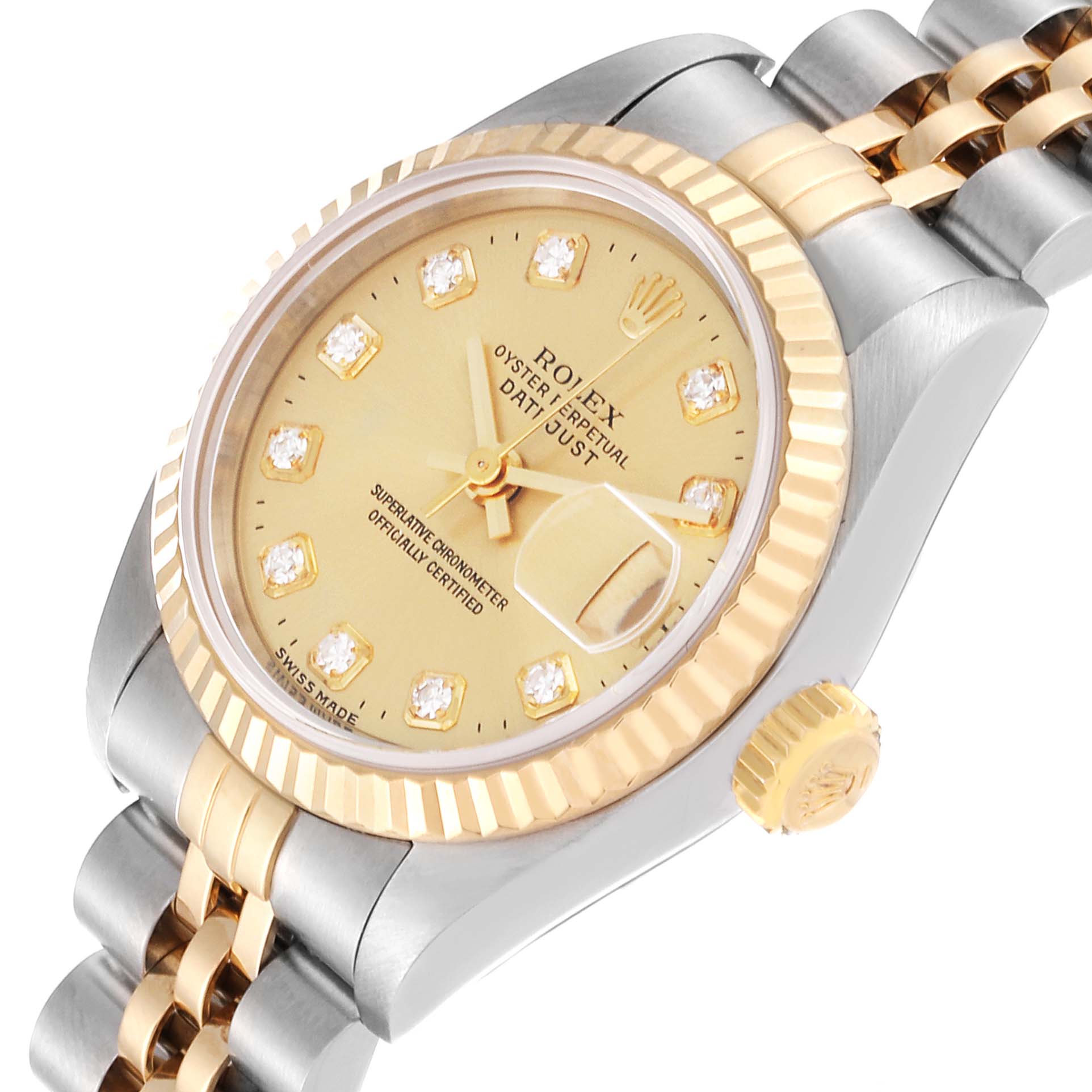 This image shows a close-up, angled view of the Rolex Datejust 69173G Women's Steel and Gold (two tone) Champagne Dial 69173G Women's Steel and Gold (two tone) Champagne Dial, displaying its dial, bezel, crown, and part of the bracelet.